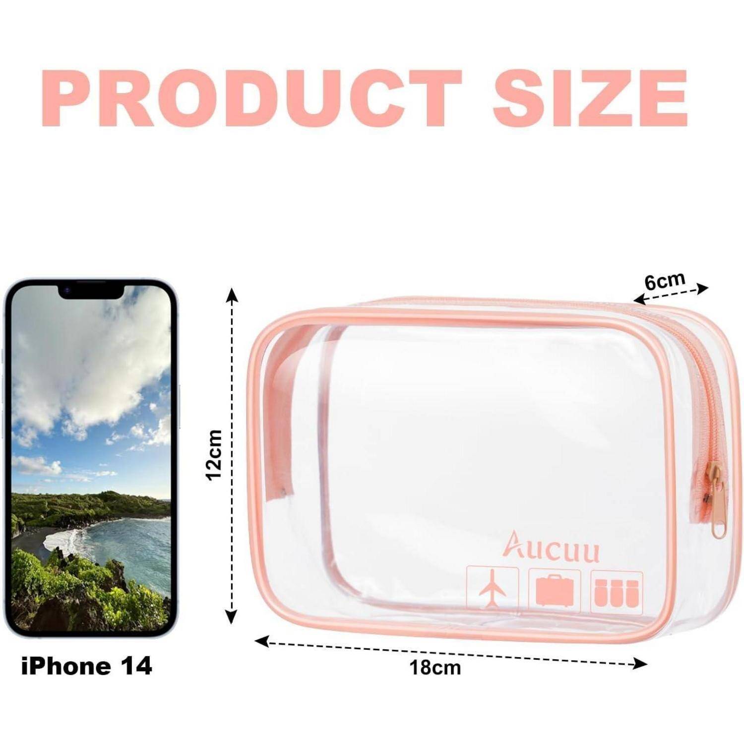 Produktgrößendiagramm, das ein iPhone 14 und eine durchsichtige rosa Reißverschlusstasche vergleicht; Die Tasche misst 18 cm breit, 12 cm hoch und 6 cm tief.