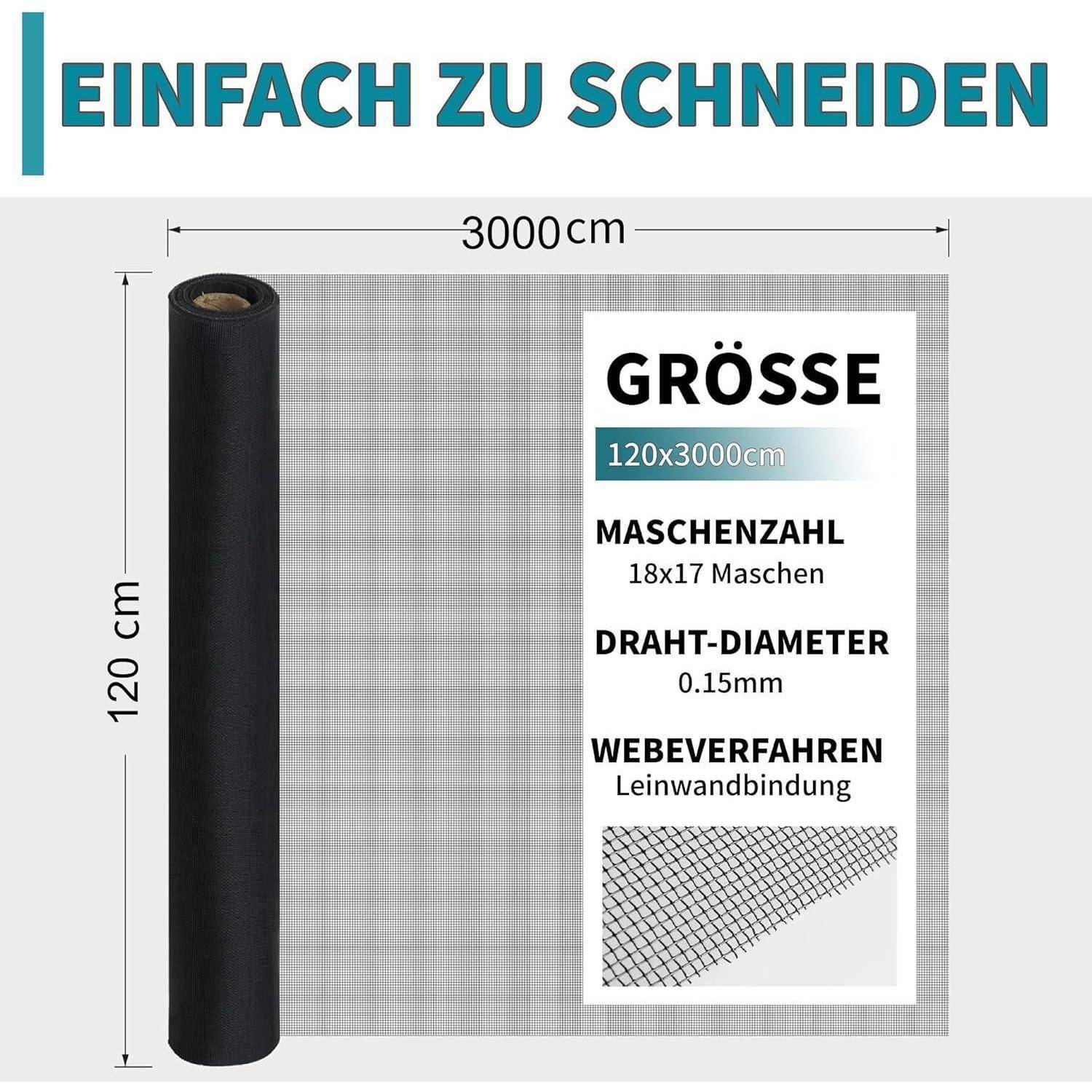 # Produktbild einer Rolle schwarzes Maschengewebe mit Abmessungen 120 x 3000 cm, gekennzeichnet mit 'EINFACH ZU SCHNEIDEN' und Auflistung von Größe, Maschenanzahl, Drahtdurchmesser und Webart.
