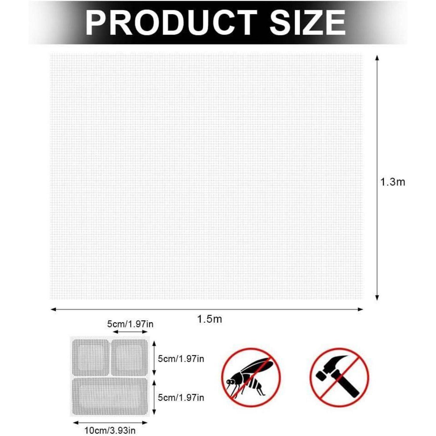 Produktgrößen-Diagramm mit einer 1,5 m × 1,3 m Matte mit 5 cm Quadraten, 10 cm Abschnitt und Symbolen für keine Insekten oder Hammerbenutzung erlaubt.