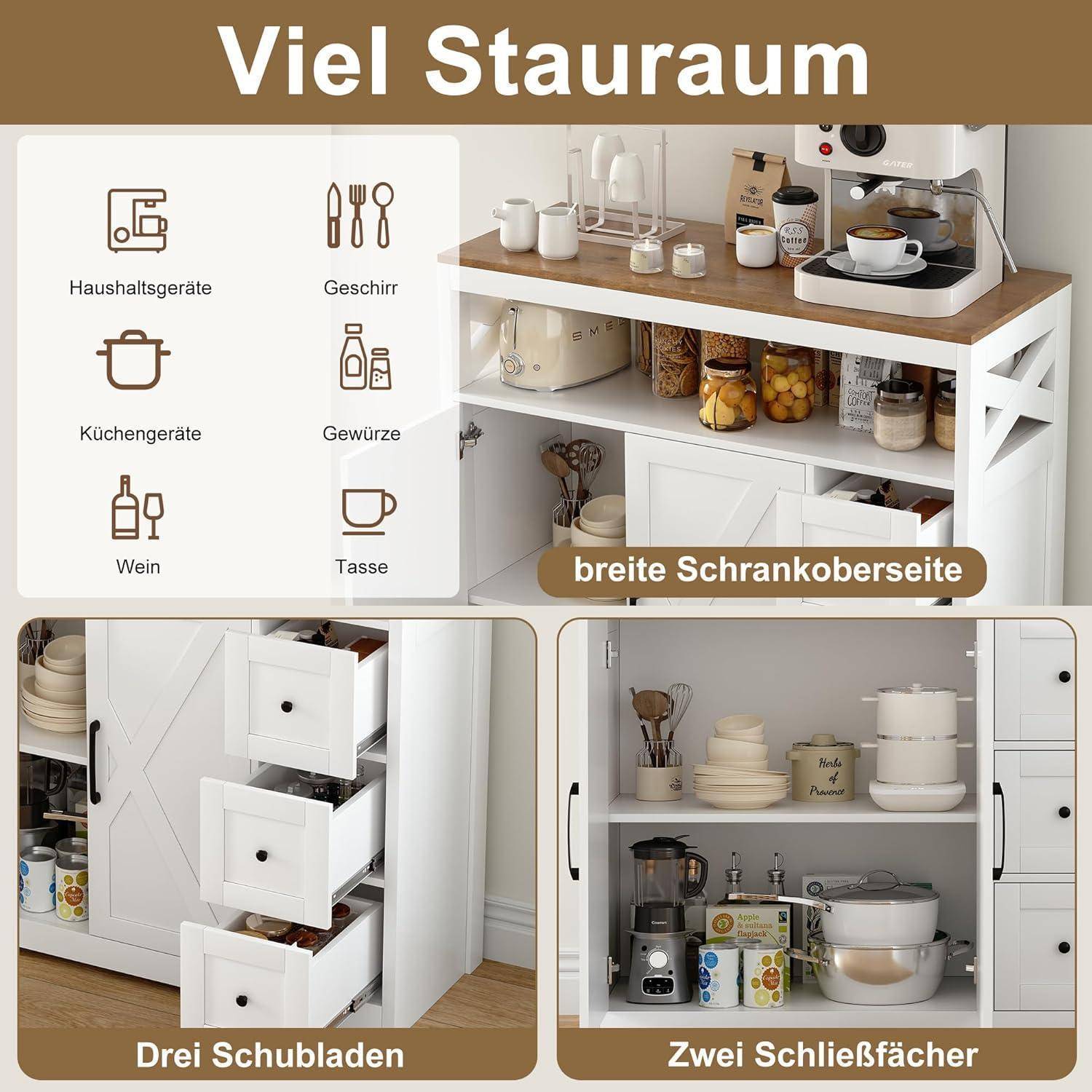 Sideboard mit 3 Schubladen und 2 Türen Weiß 100x40x105cm
