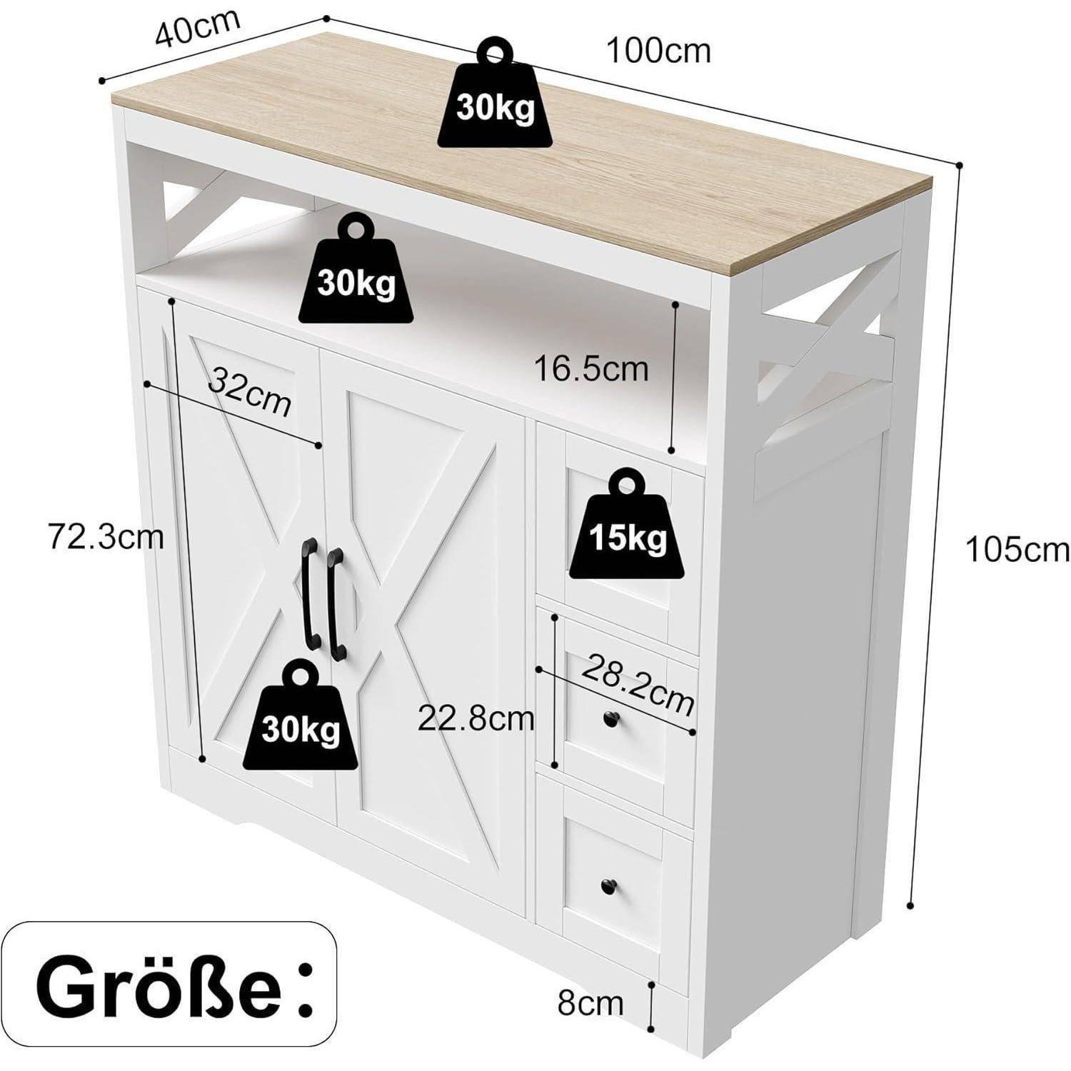 Annotierte Schrankabmessungen mit einem weißen Holzlagerschrank: 100cm breit, 40cm tief, 105cm hoch, mit Regalbeschränkungen von 30kg, 15kg und 30kg.