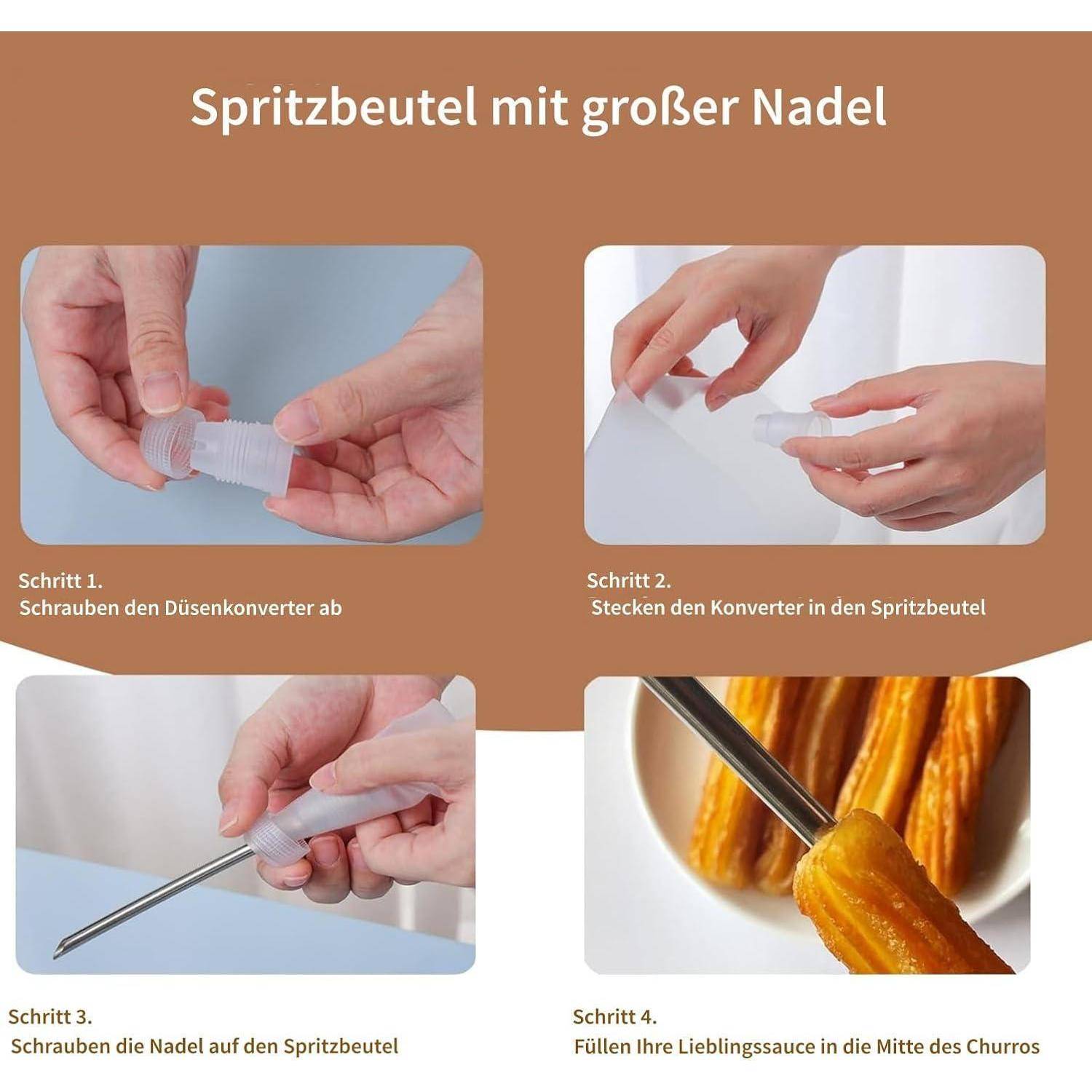 Anleitung mit grafischer Darstellung mit dem Titel „Spritzbeutel mit großer Nadel