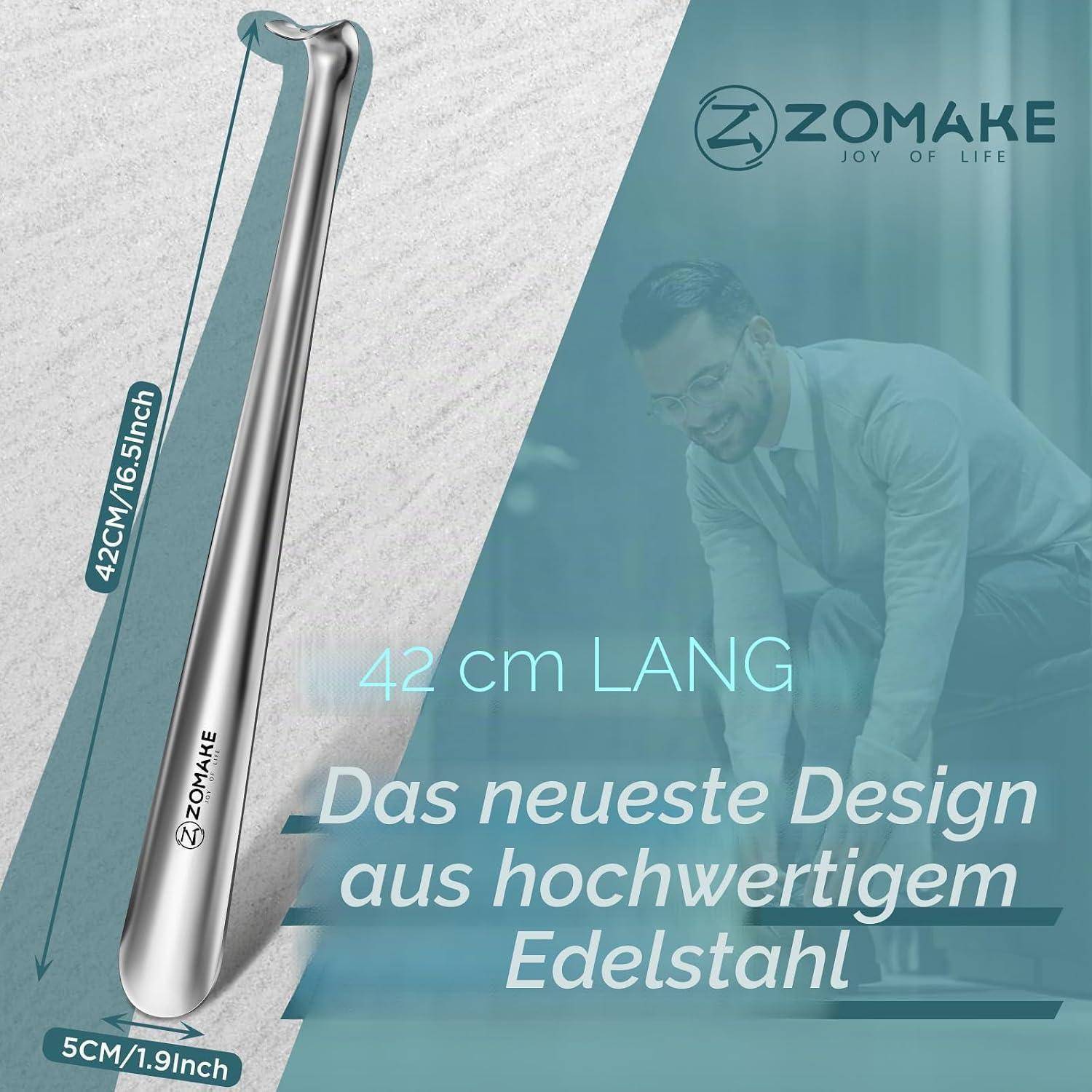 Werbebild eines langen Schuhlöffels aus Edelstahl, 42 cm lang und 5 cm breit, Marke 'ZOMAKE', mit deutschem Text 'Das neueste Design aus hochwertigem Edelstahl'.