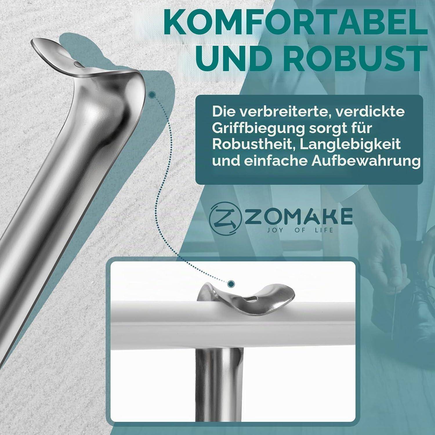 Werbeimage einer verchromten Haltestange mit vergrößertem gebogenem Griff; deutscher Text besagt, dass die verbreiterte, verdickte Biegung Stabilität, Langlebigkeit und einfache Lagerung bietet.