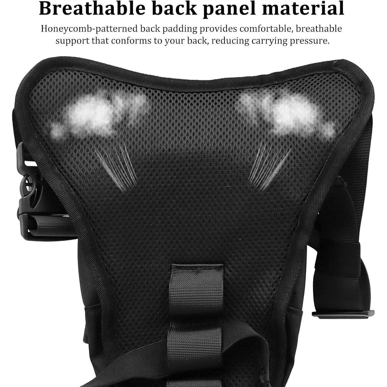 Schwarzer Rucksack-Rückenpanel mit Wabensteppung; der Text sagt „Atmungsaktives Rückenpanel-Material" und vermerkt komfortable, atmungsaktive Unterstützung, die den Tragedruckreduziert.