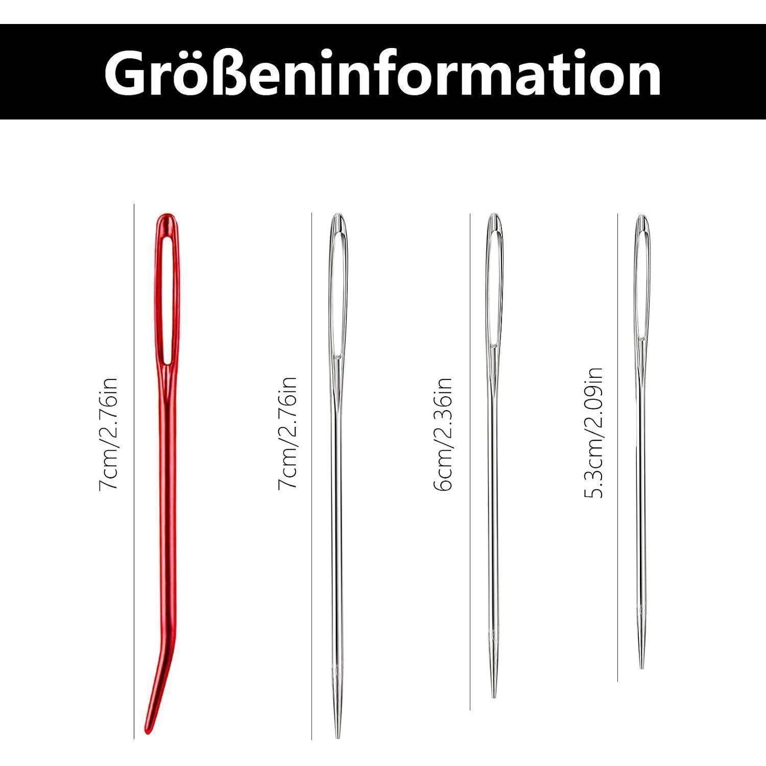 Größeninformation mit vier Nähnadeln mit Längenbeschriftungen: 7 cm/2,76 Zoll, 7 cm/2,76 Zoll, 6 cm/2,36 Zoll und 5,3 cm/2,09 Zoll.