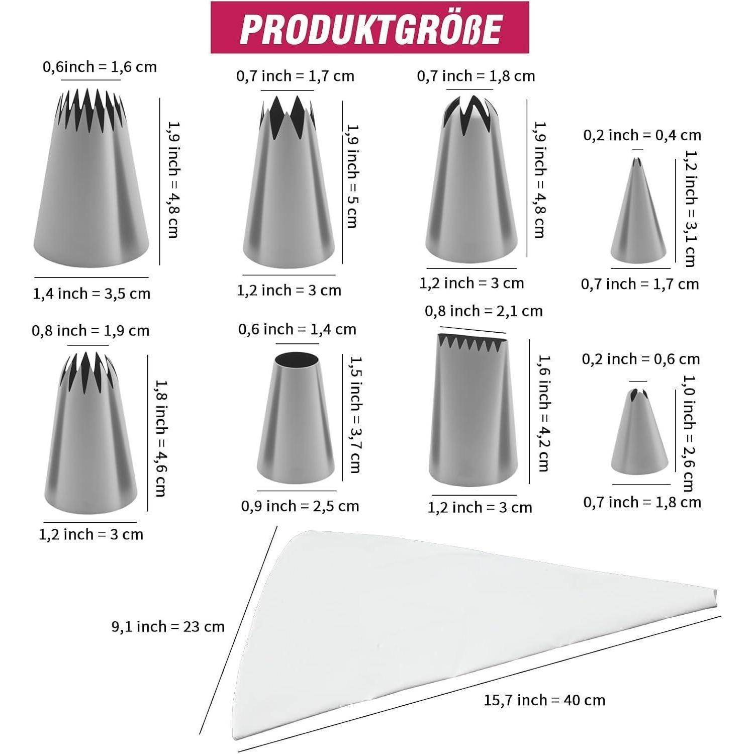 Größendiagramm für Produkte mit mehreren Spritztüllen und einem großen Dreieck für Spritzbeutel, mit Abmessungen in Zoll und Zentimetern gekennzeichnet.