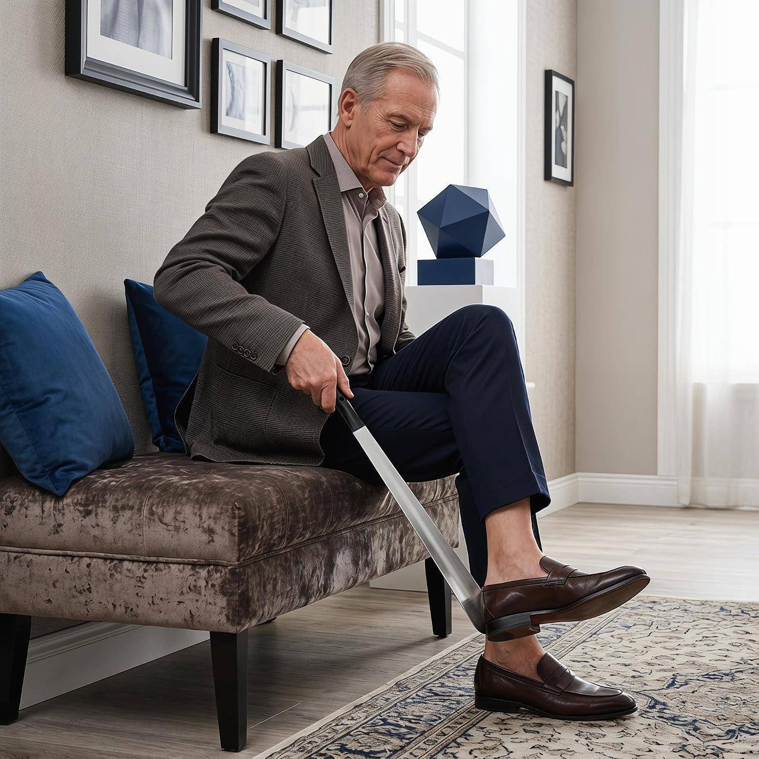 Ein älterer Mann, der auf einem Sofa sitzt, zieht sich mit einem Schuhlöffel einen braunen Herrenschuh in einem hell erleuchteten Wohnzimmer an.
