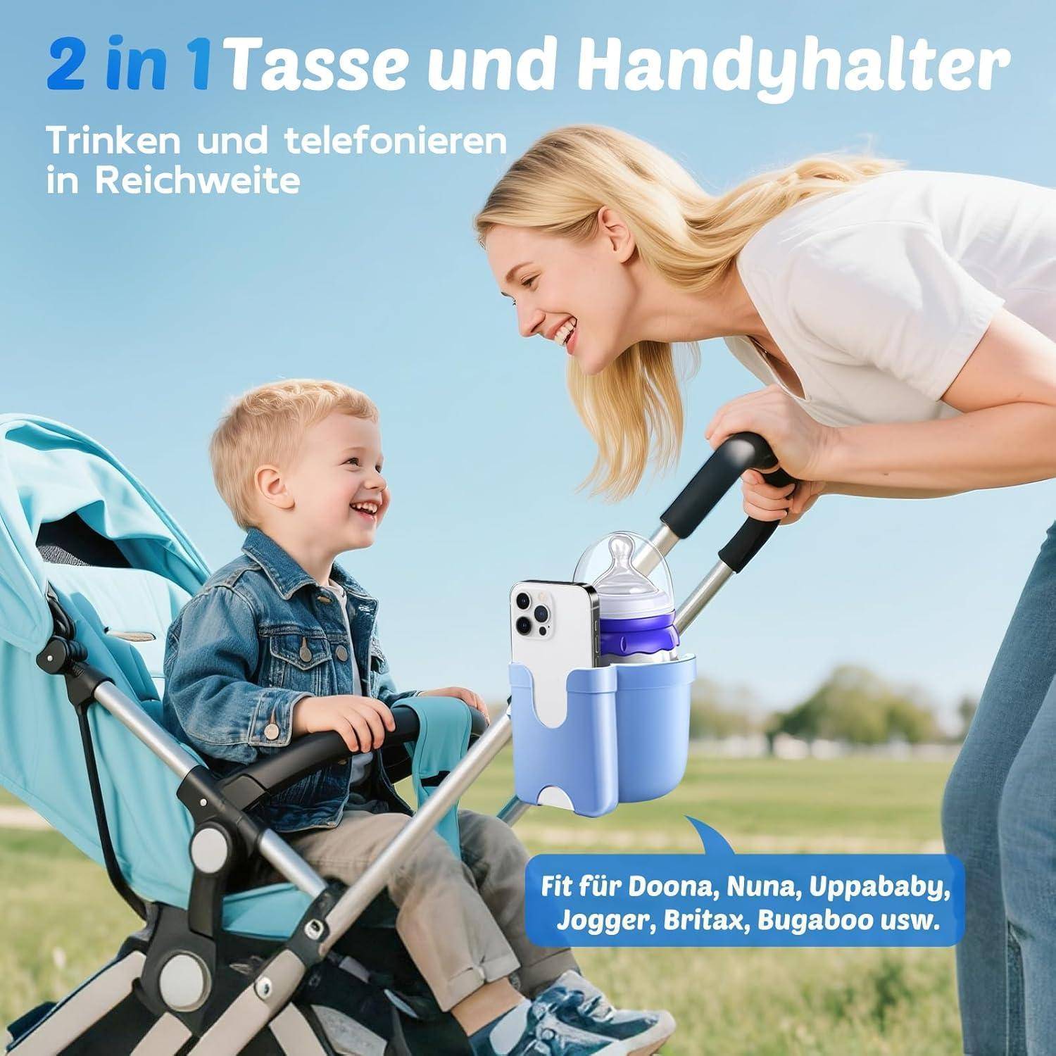 Getränkehalter Kinderwagen 2in1 mit Handyhalter Blau