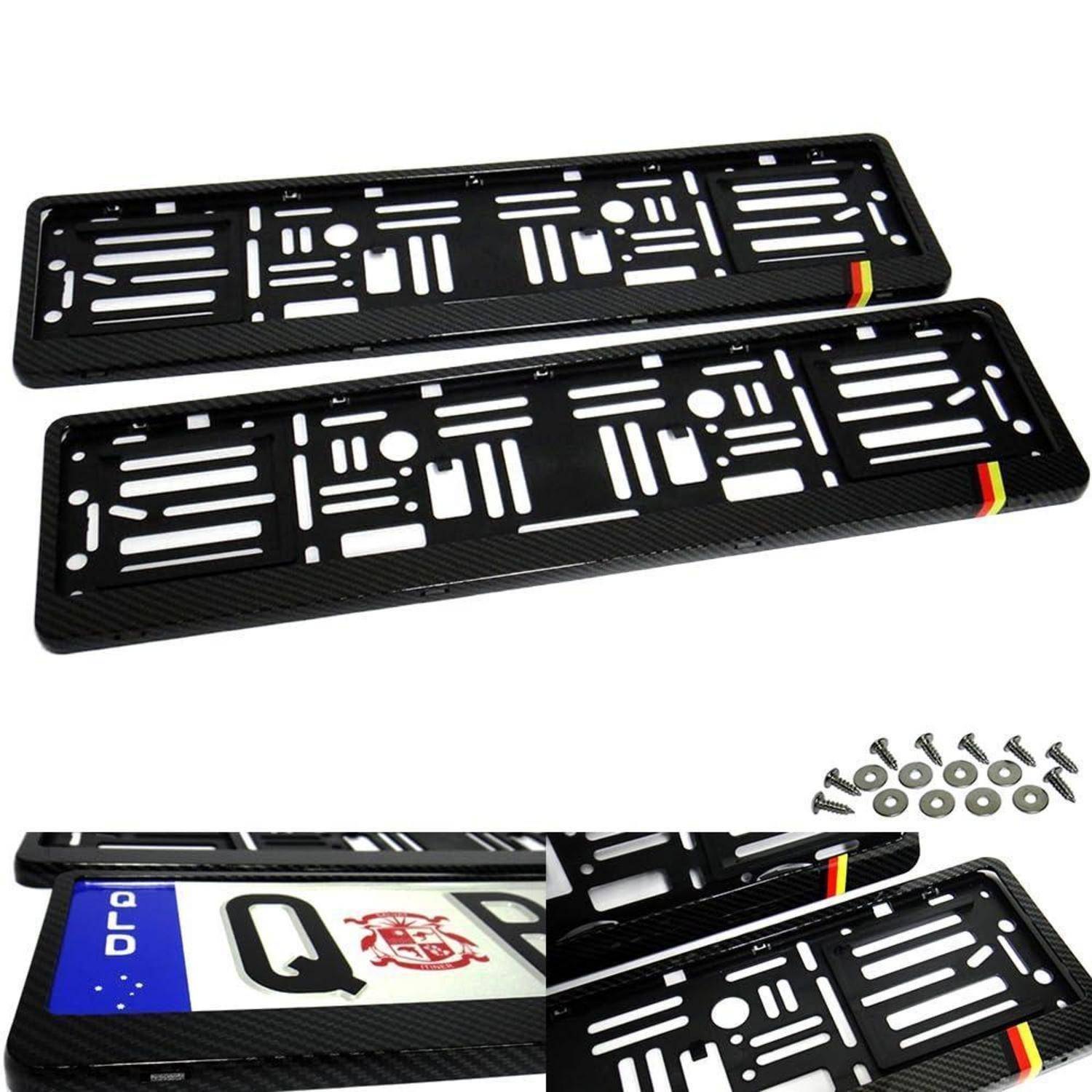 2x Kennzeichenhalter Kohlefaser-Optik Deutschland-Flagge Schwarz