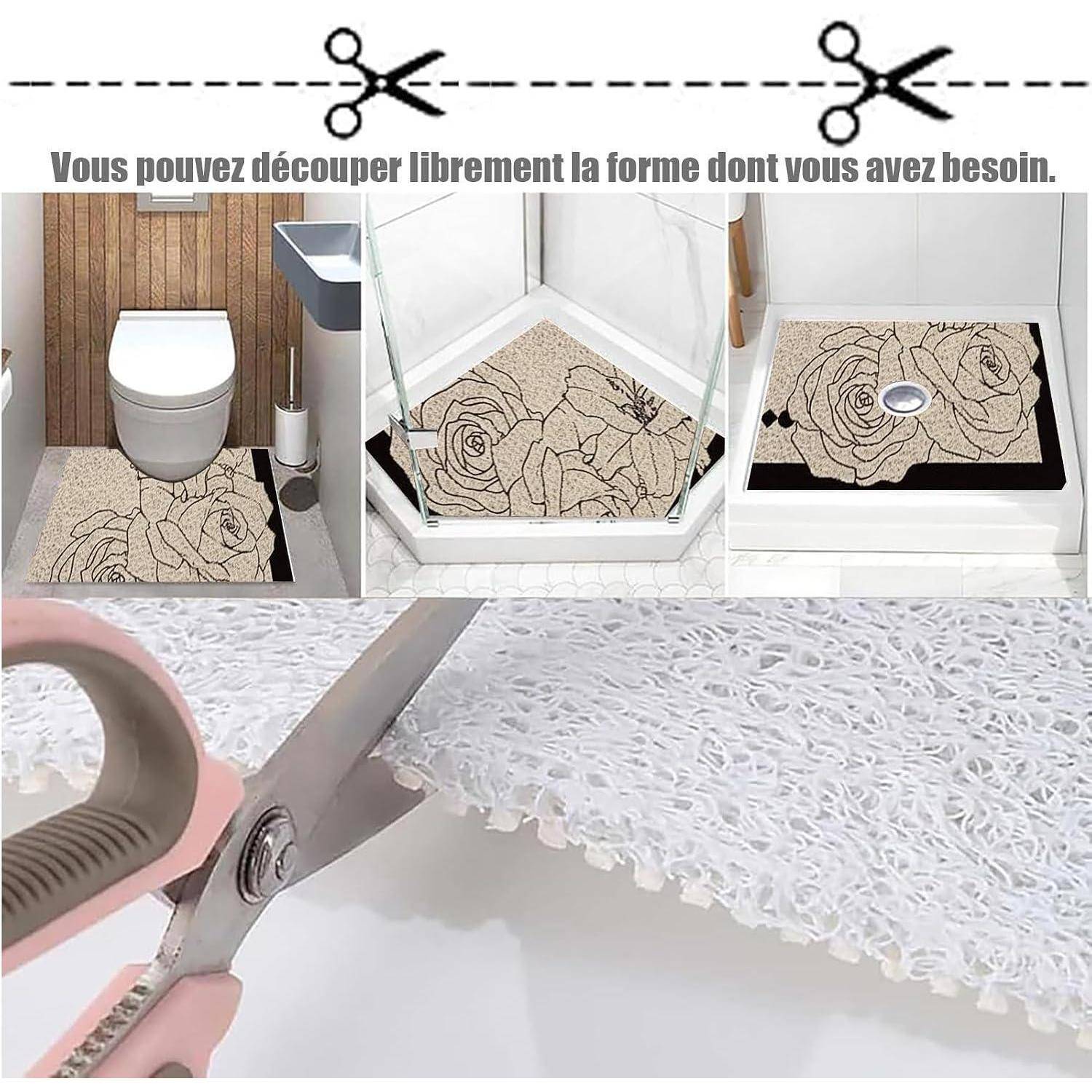 Werbebild eines zuscheidbaren Badezimmerteppichs, der zugeschnitten werden kann, um um Toiletten oder Duschabläufe zu passen, mit Beispielplatzierungen und einer Schere, die das Material schneidet.
