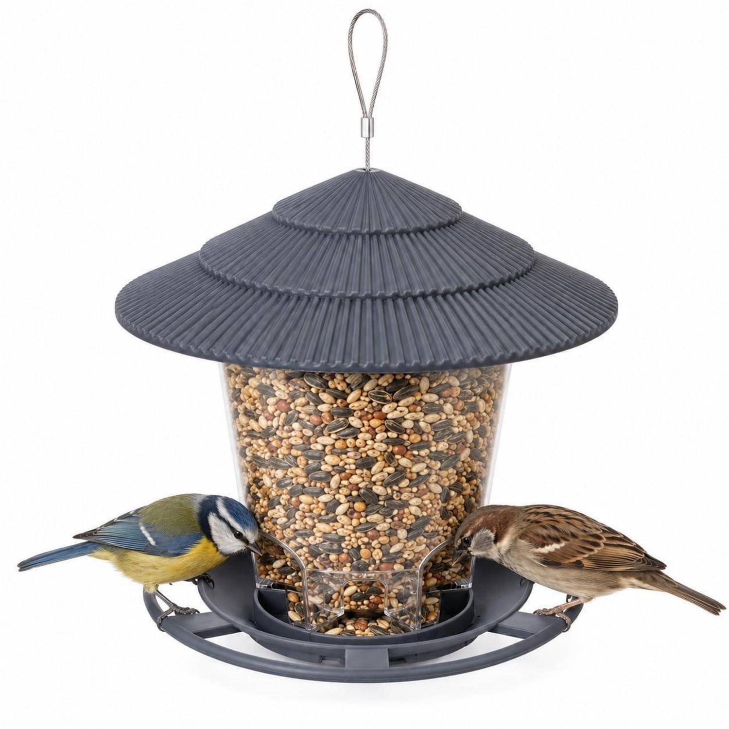 Vogelfutterspender zum Aufhängen, grau, mit Regendach