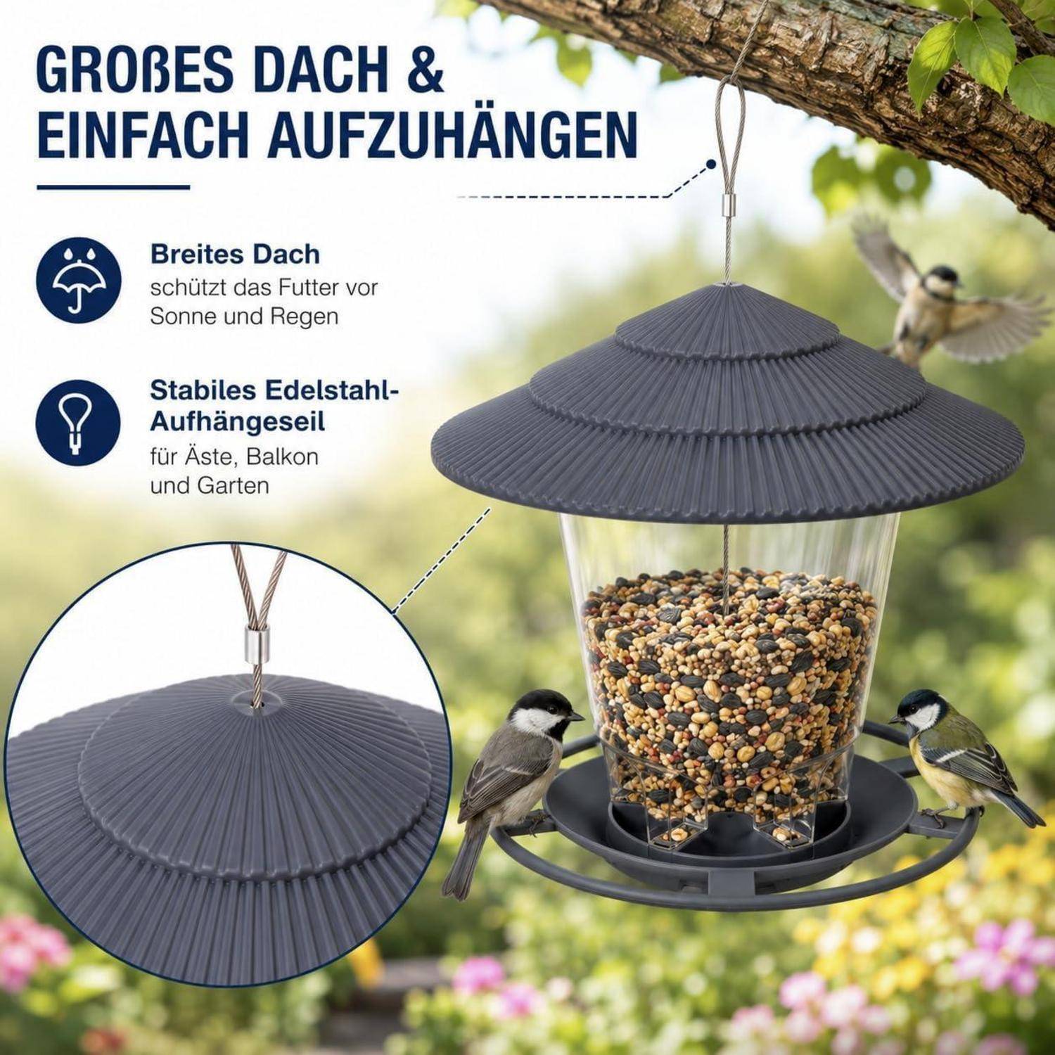 Vogelfutterspender zum Aufhängen, grau, mit Regendach