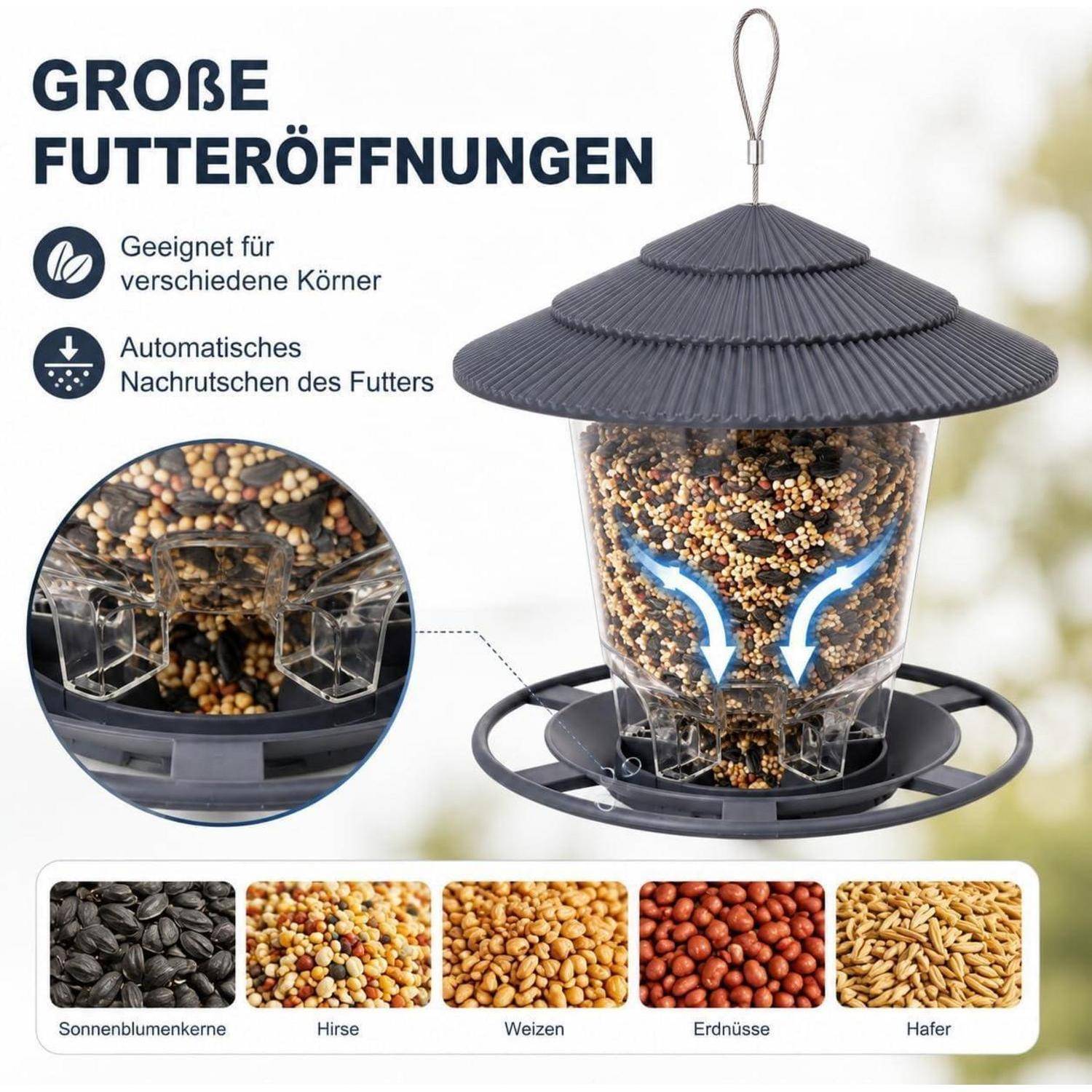 Vogelfutterspender zum Aufhängen, grau, mit Regendach
