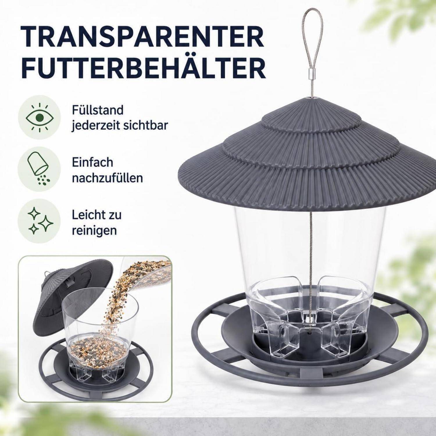 Vogelfutterspender zum Aufhängen, grau, mit Regendach