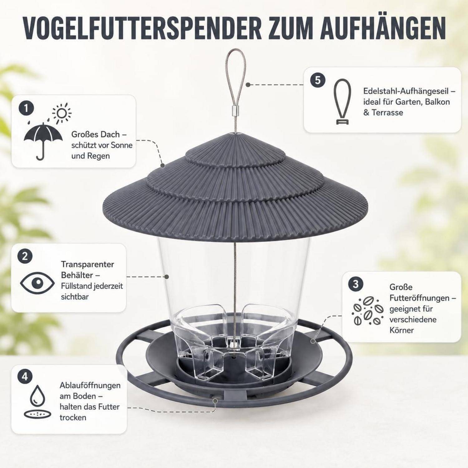 Vogelfutterspender zum Aufhängen, grau, mit Regendach