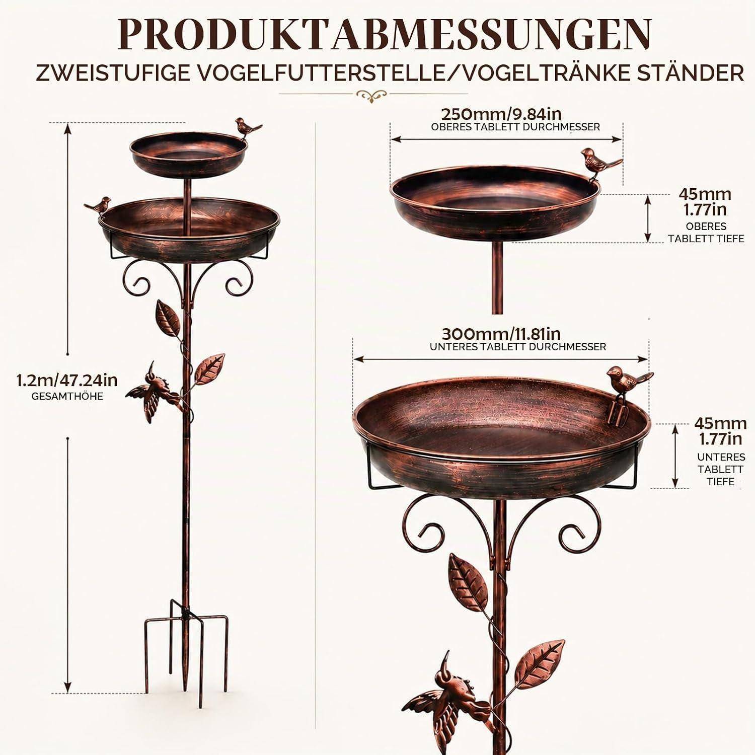 Vogeltränke Stehend Metall Doppellagig Vogelbad Garten mit Futterspender
