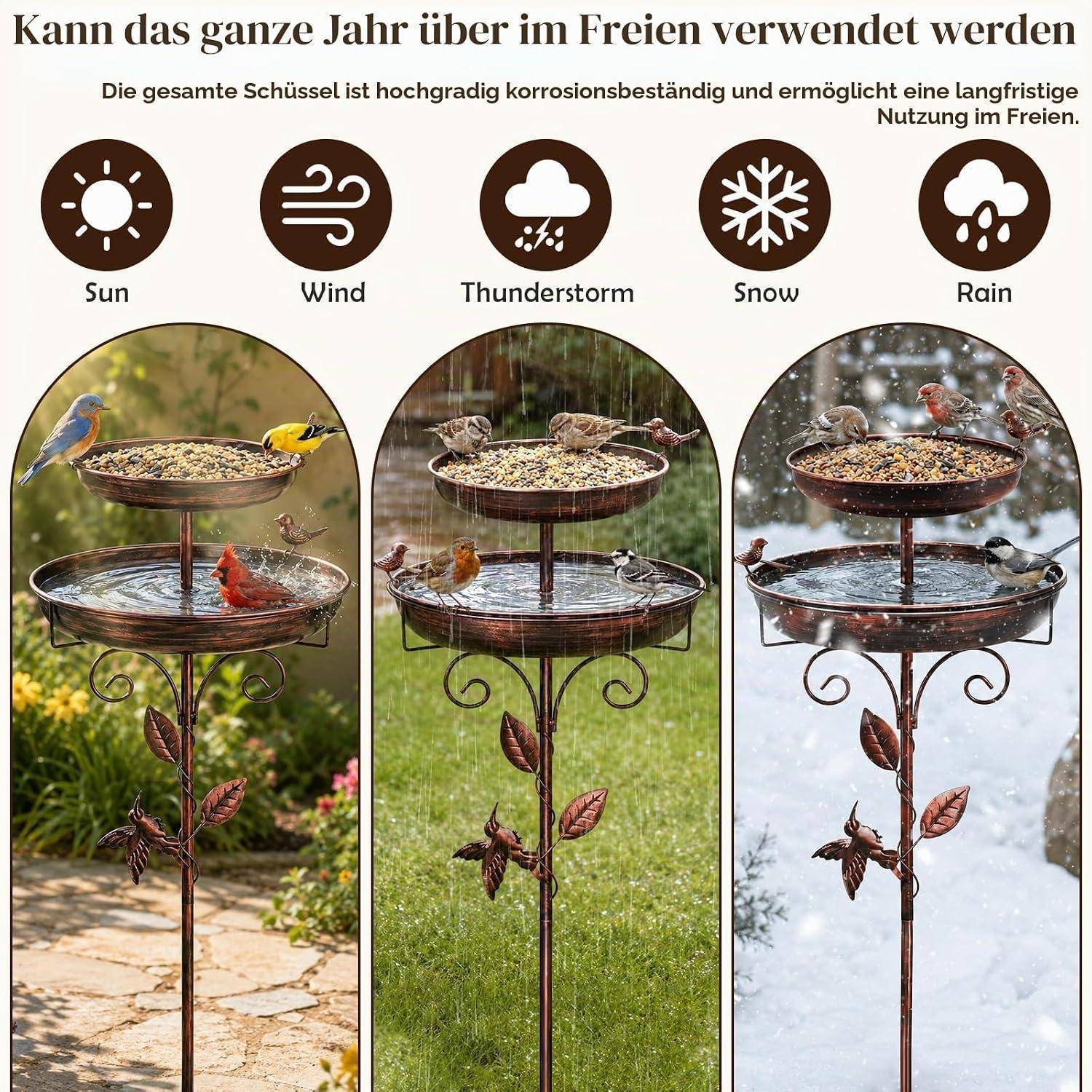 Vogeltränke Stehend Metall Doppellagig Vogelbad Garten mit Futterspender