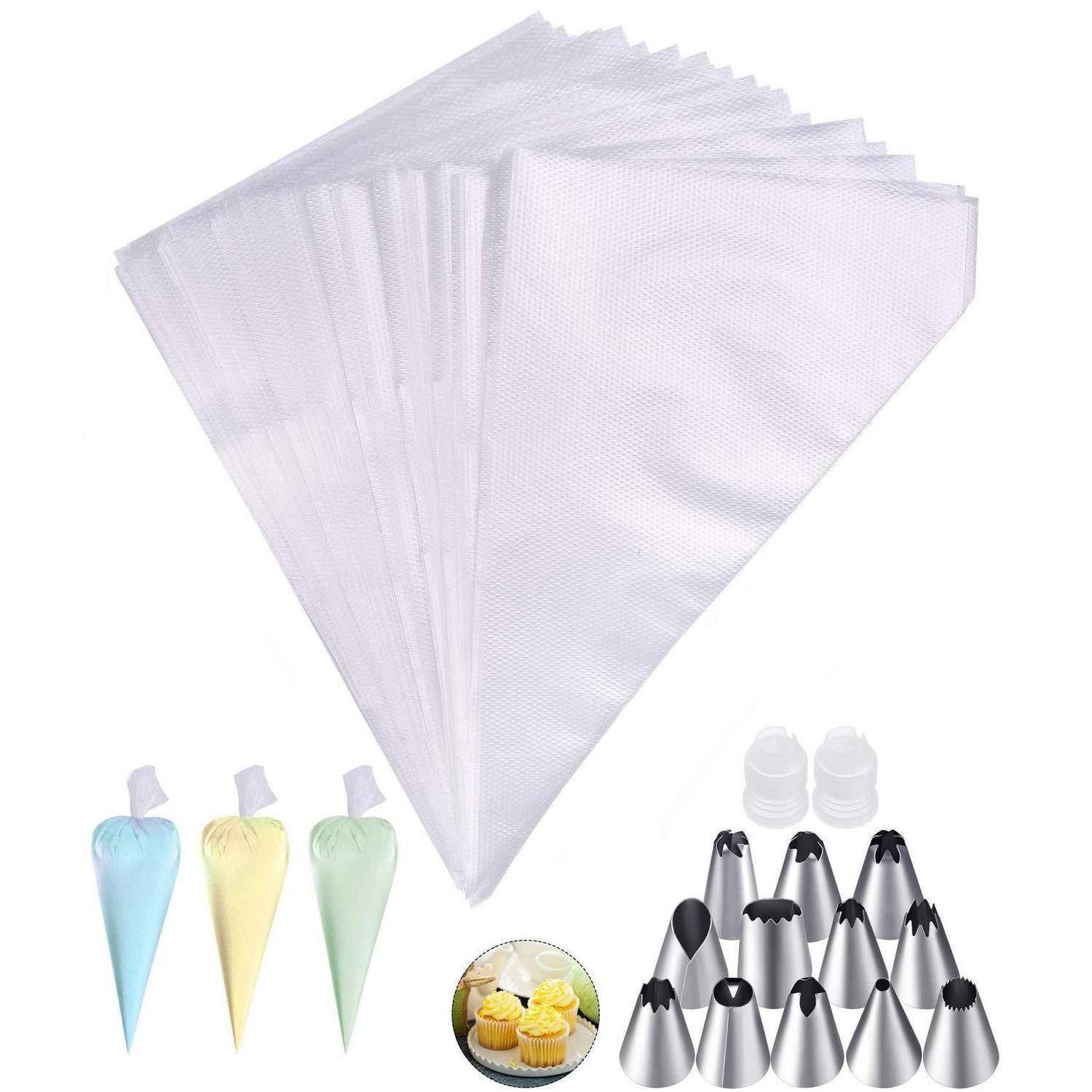 100 Spritzbeutel Einweg mit 12 Edelstahl-Spritzdüsen und 2 Adaptern