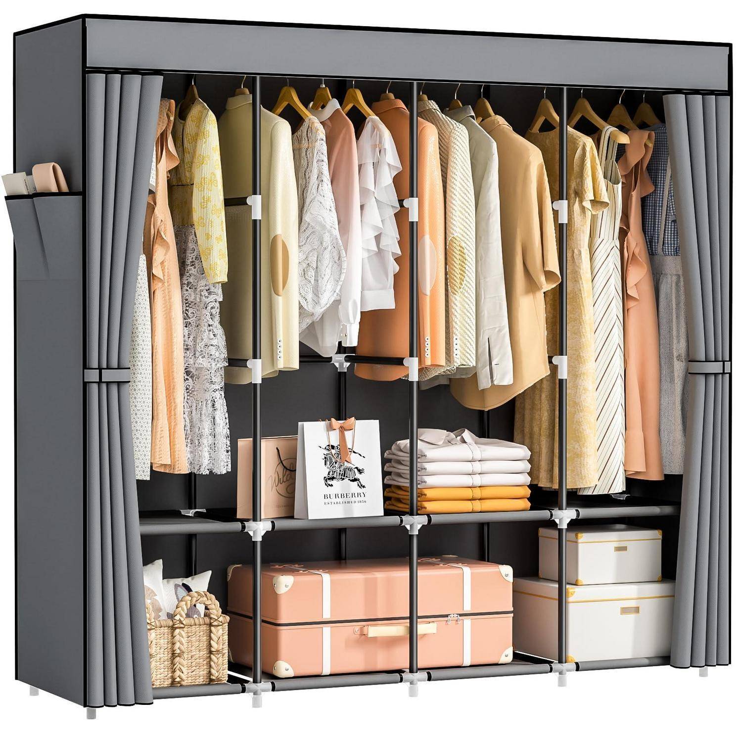 Stoffkleiderschrank mit 4 Kleiderstangen und 8 Fächern Grau
