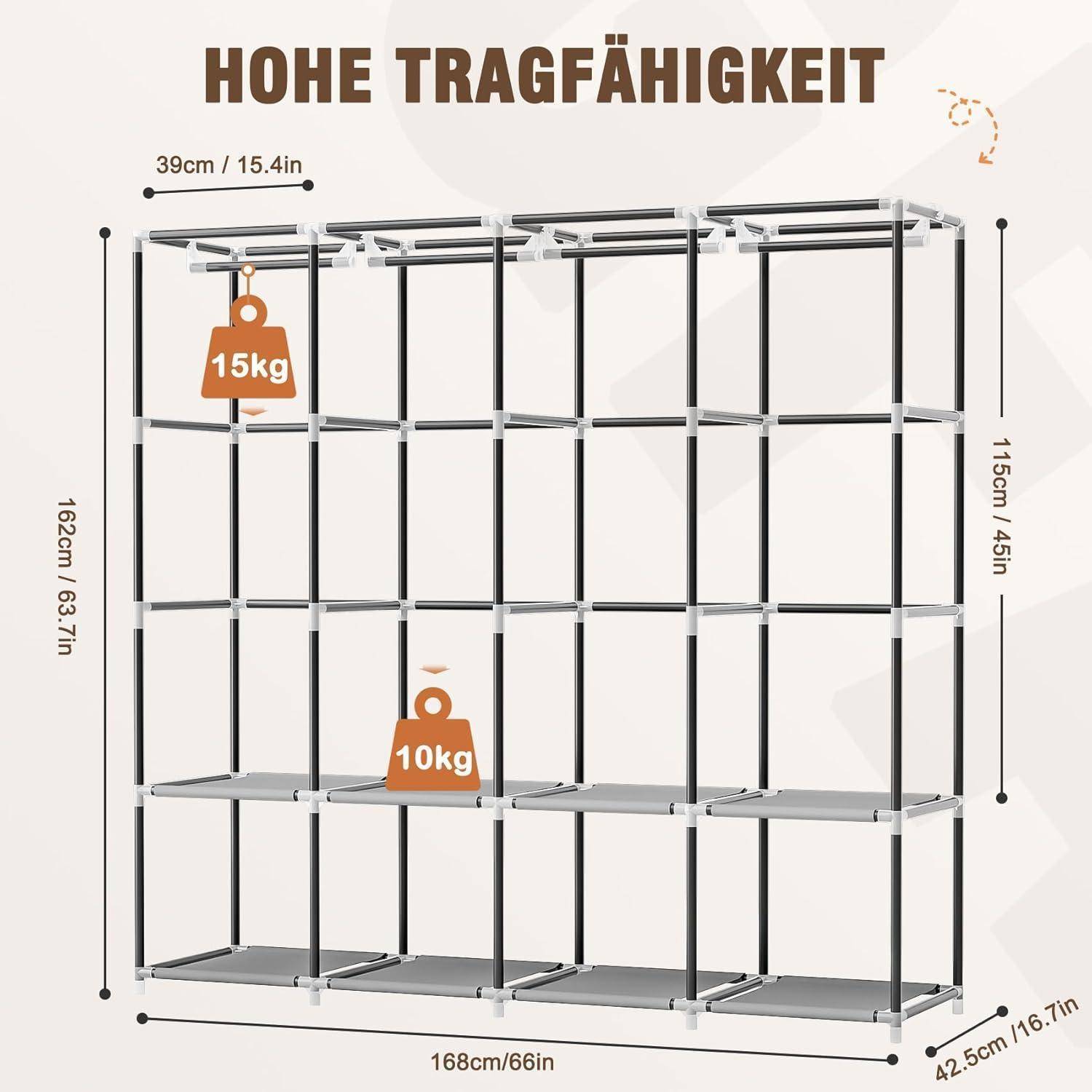 Stoffkleiderschrank mit 4 Kleiderstangen und 8 Fächern Grau