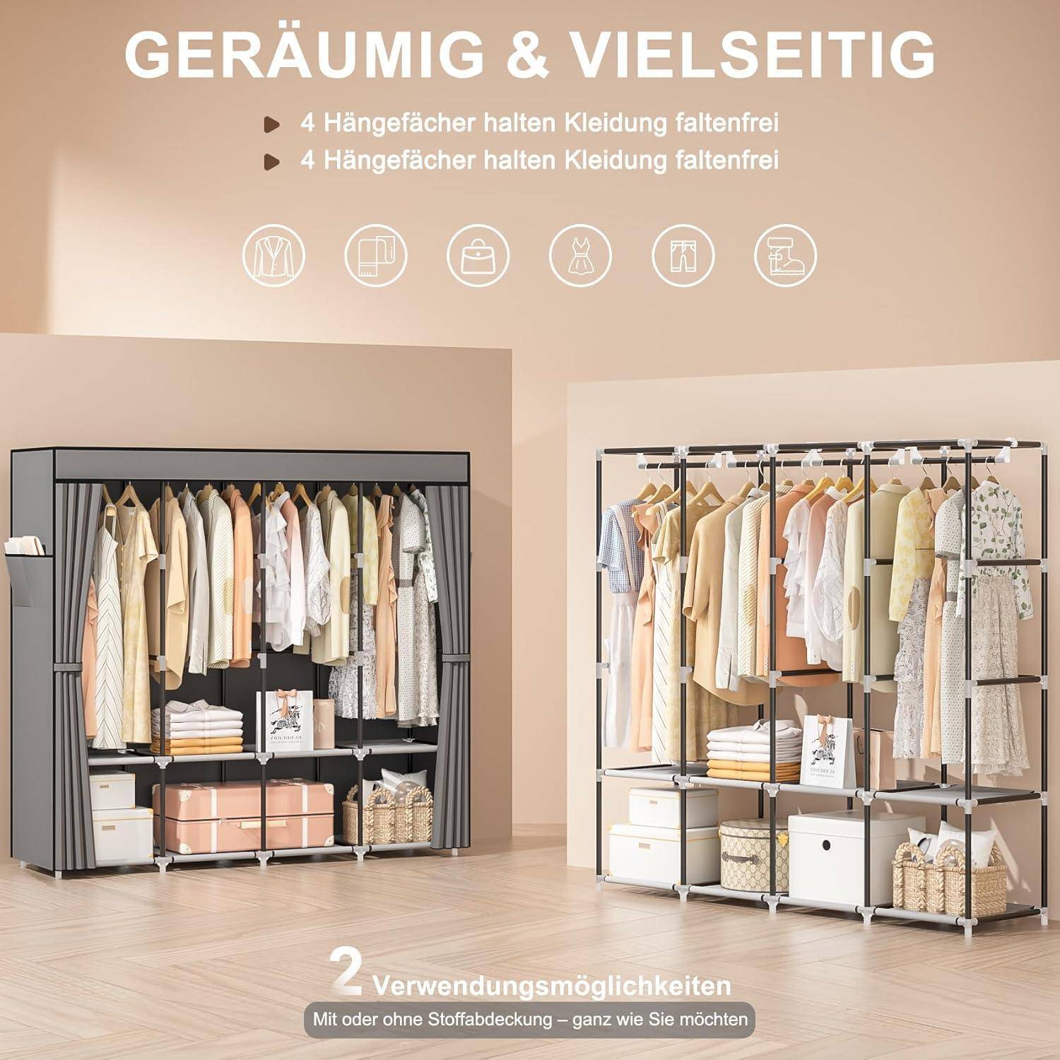 Stoffkleiderschrank mit 4 Kleiderstangen und 8 Fächern Grau