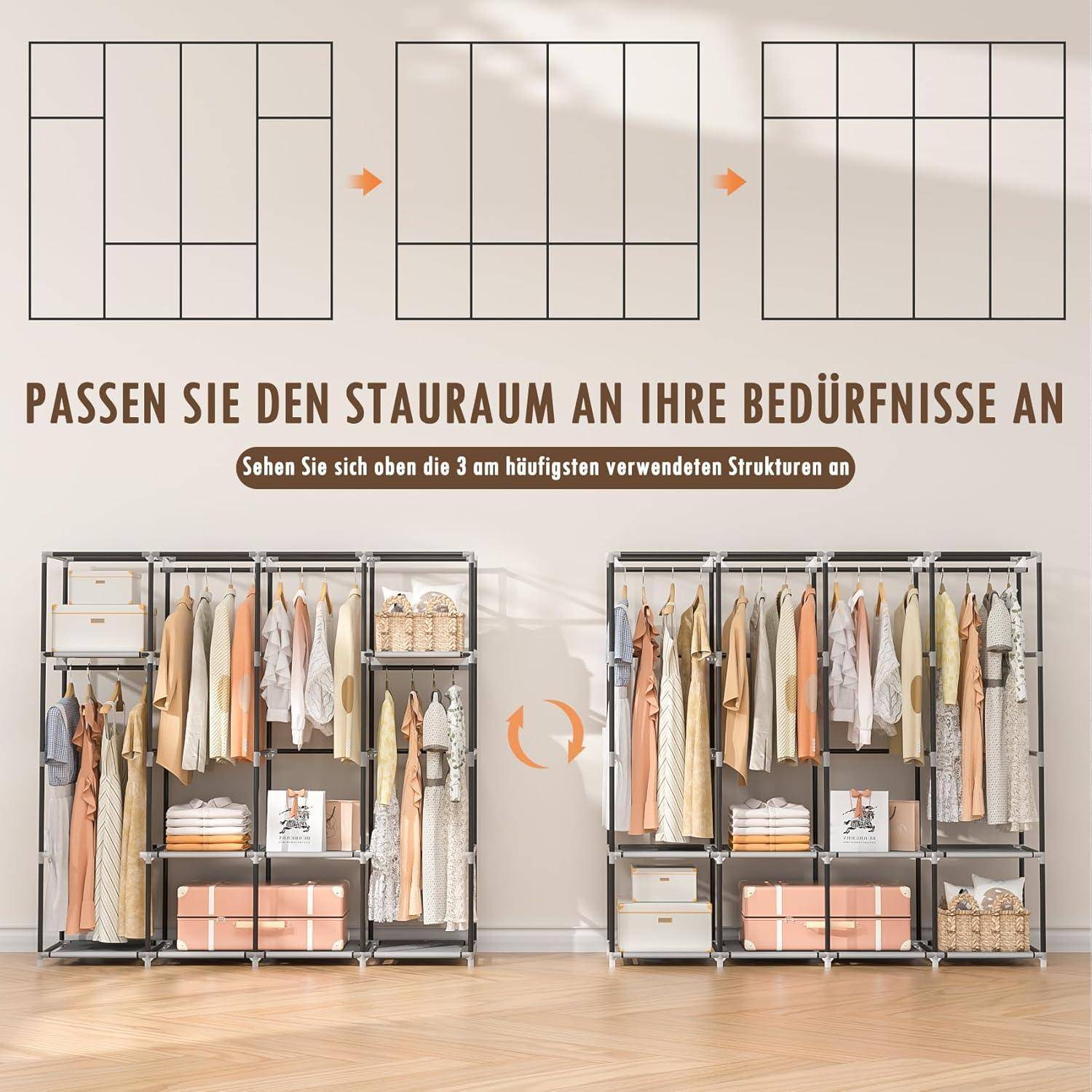 Stoffkleiderschrank mit 4 Kleiderstangen und 8 Fächern Grau