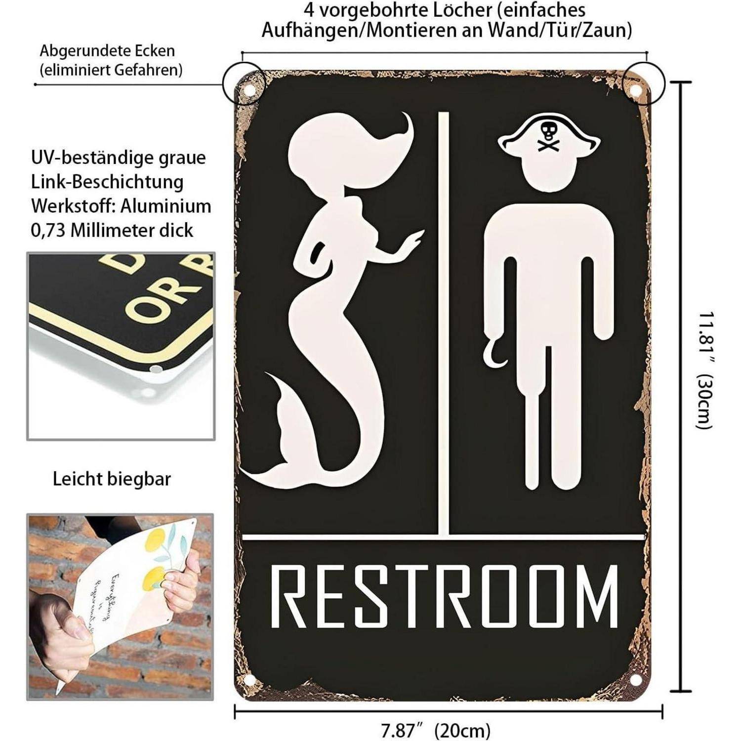Wanddeko Metallschild "RESTROOM" Meerjungfrau Pirat 20x30cm
