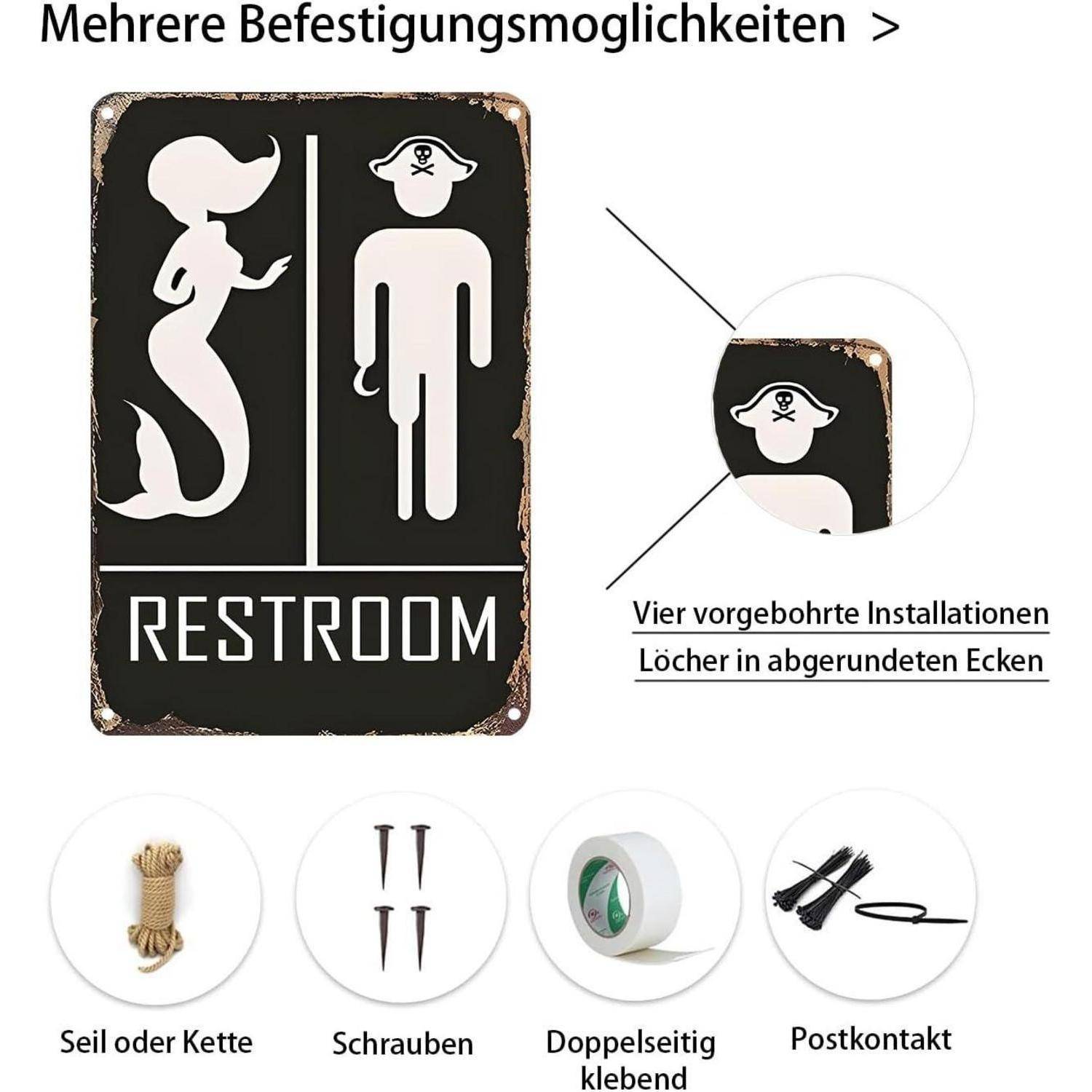 Wanddeko Metallschild "RESTROOM" Meerjungfrau Pirat 20x30cm