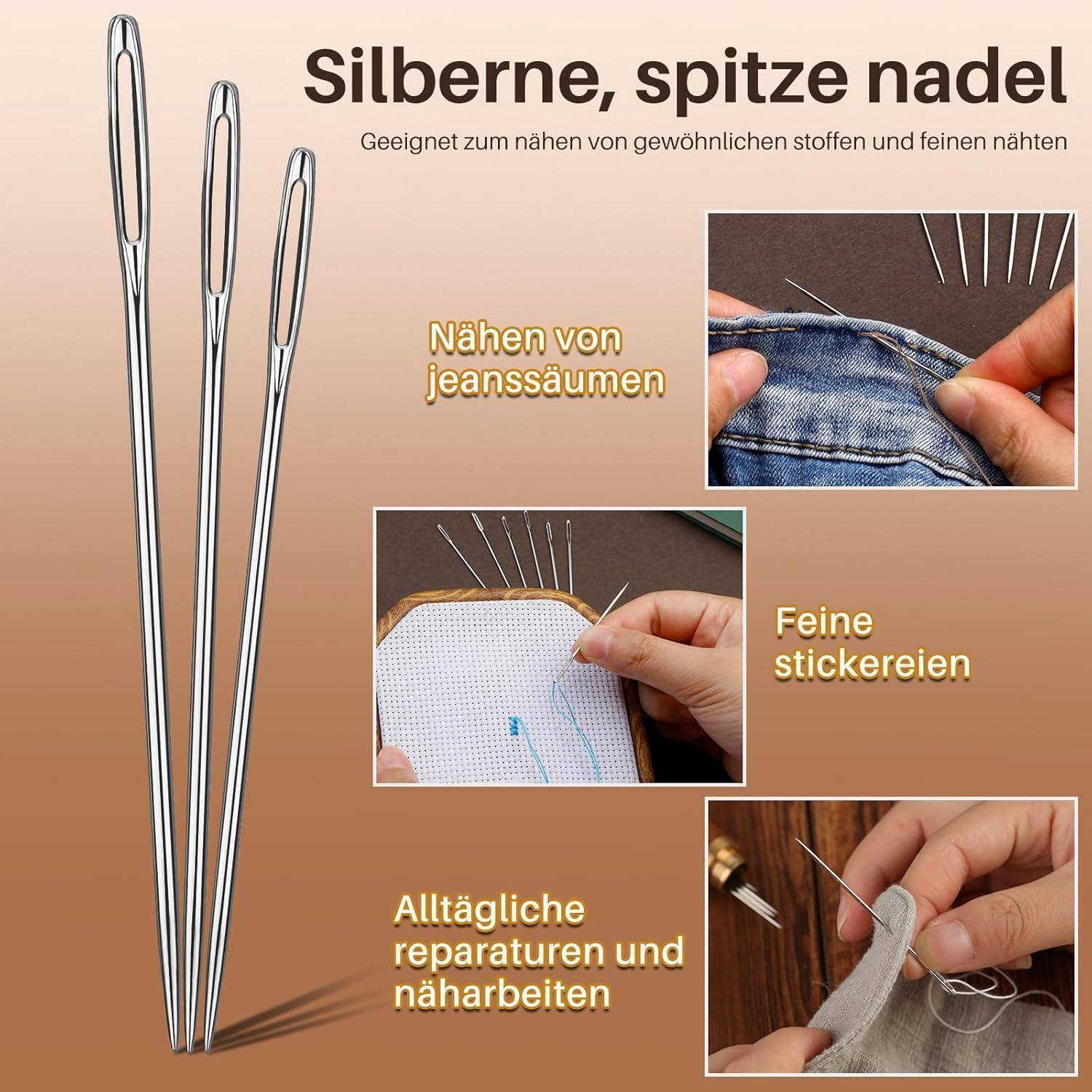 Nähnadeln Set 18tlg. Große Augen Nadeln mit 2 Lederschnürnadeln und Nadelflasche