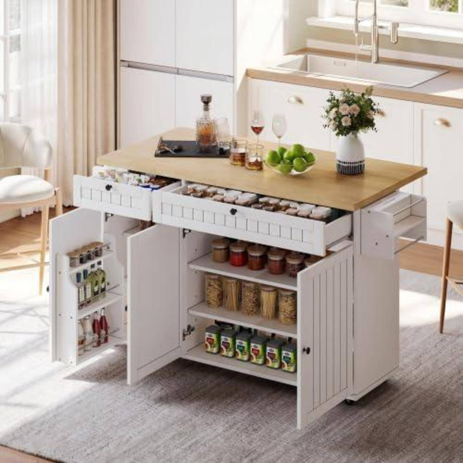 Küchenwagen mit Arbeitsplatte, Schubladen und Schrank, Weiß