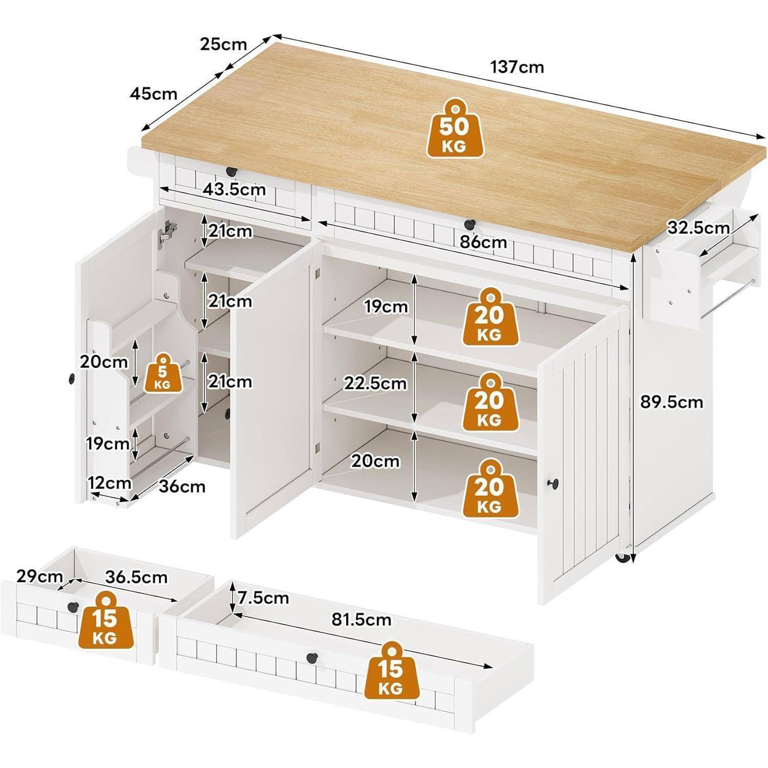 Küchenwagen mit Arbeitsplatte, Schubladen und Schrank, Weiß