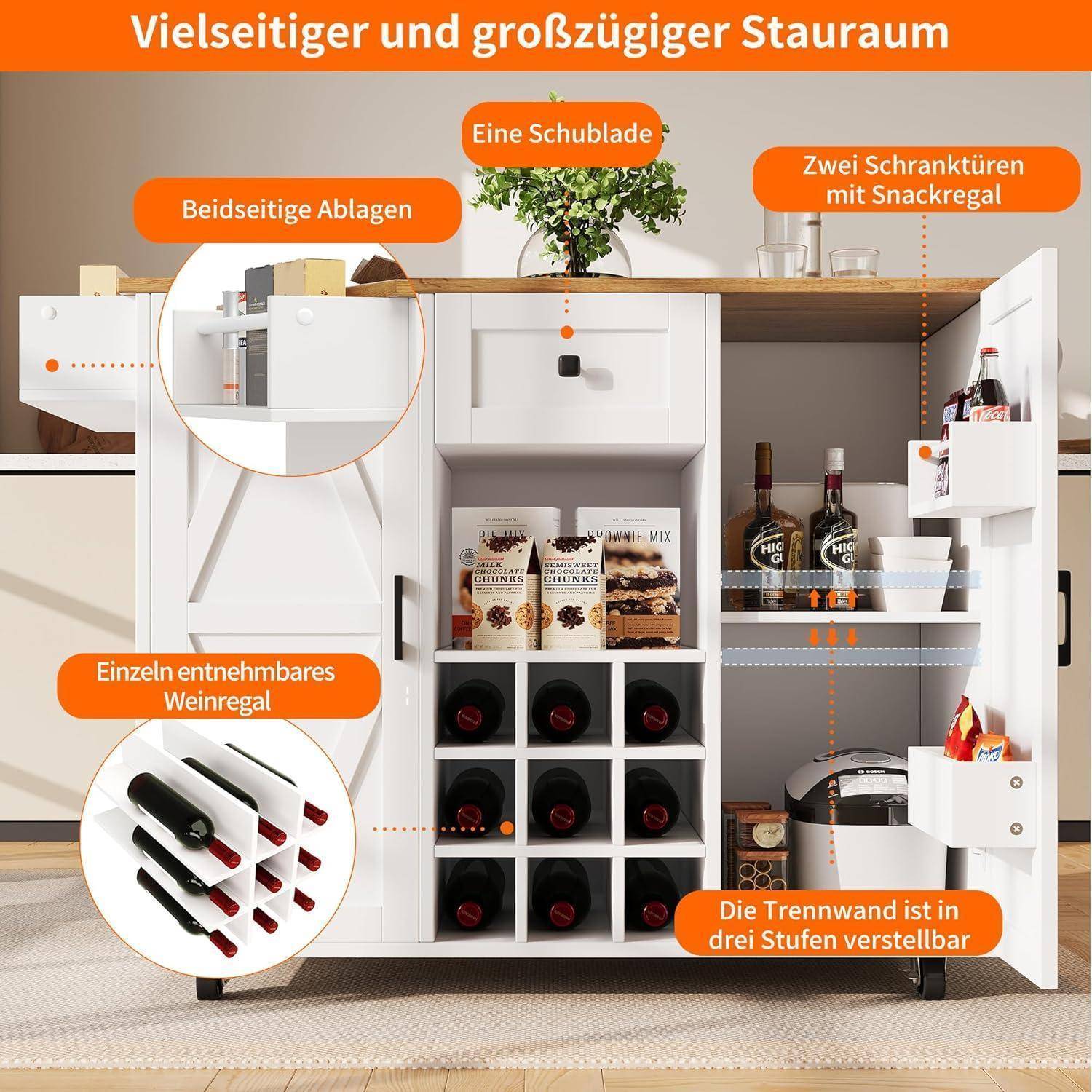 Kücheninselwagen mit klappbarer Arbeitsplatte, weiß