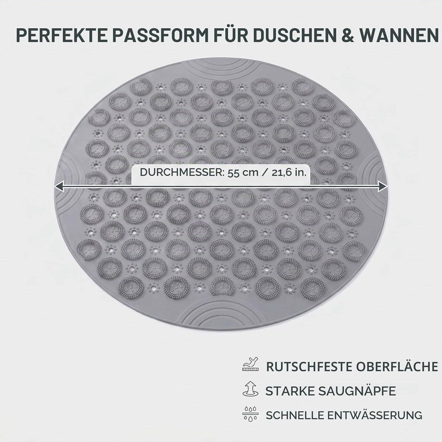 Rundes graues Dusch- und Bademineral mit Saugnäpfen, mit einer Beschriftung von 55 cm (21,6 Zoll) Durchmesser, wobei die rutschfeste Oberfläche und die schnelle Drainage hervorgehoben werden.