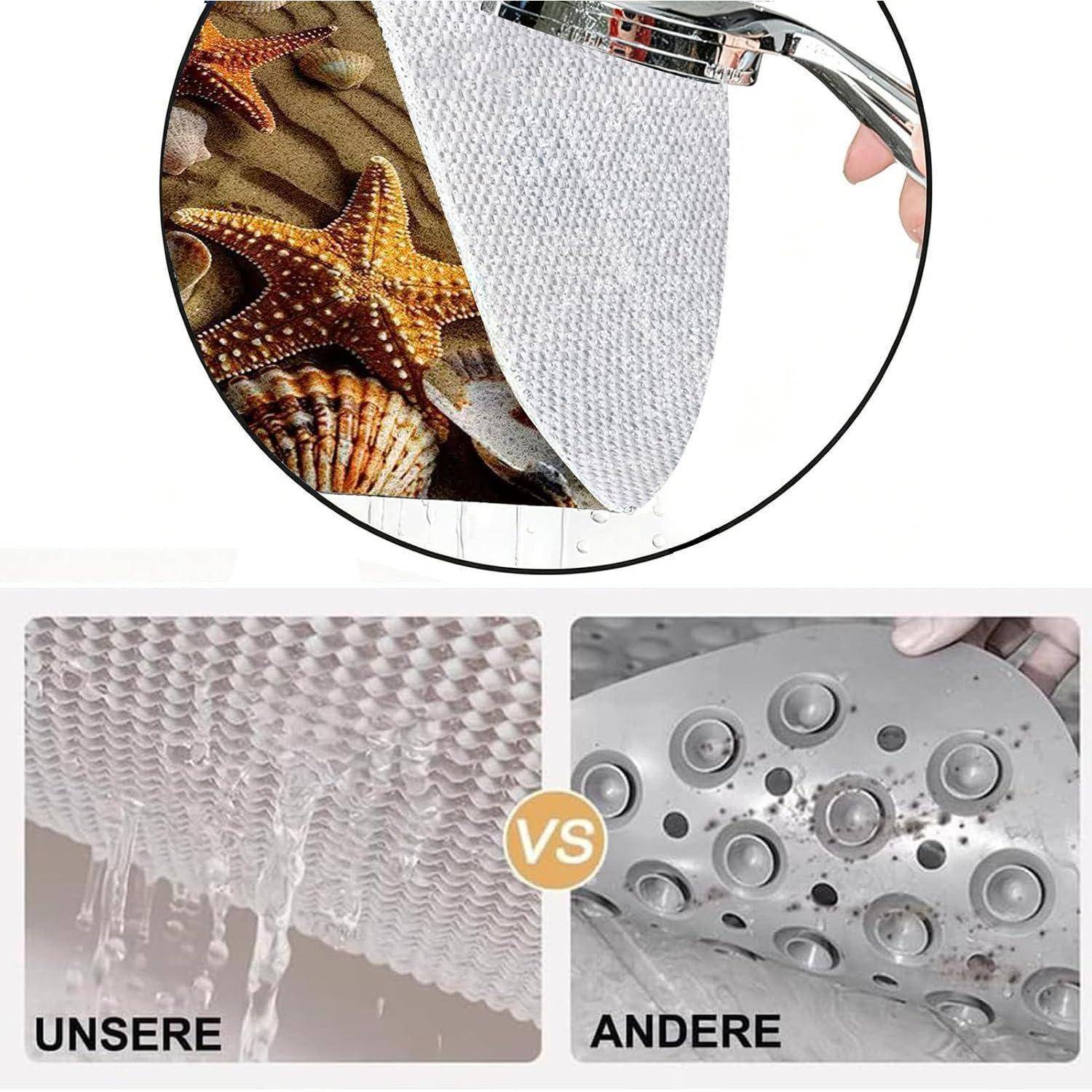Vergleichsbild, das eine weiße Mesh-Wäschetasche ohne Tropfen zeigt, die trocknet; „UNSERE