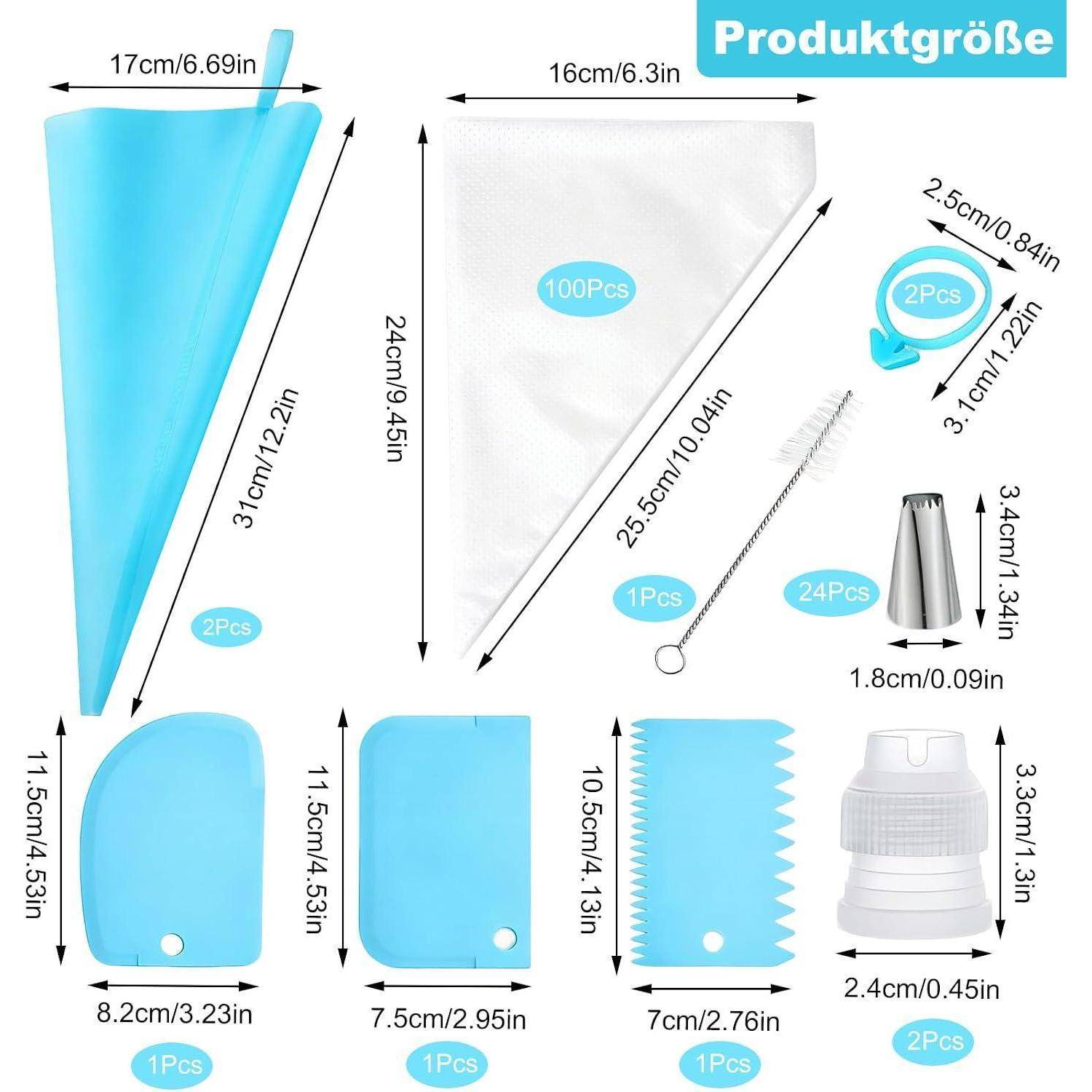 Spritztüllen Set 133tlg. Silikon Spritzbeutel Edelstahl Tüllen Blau