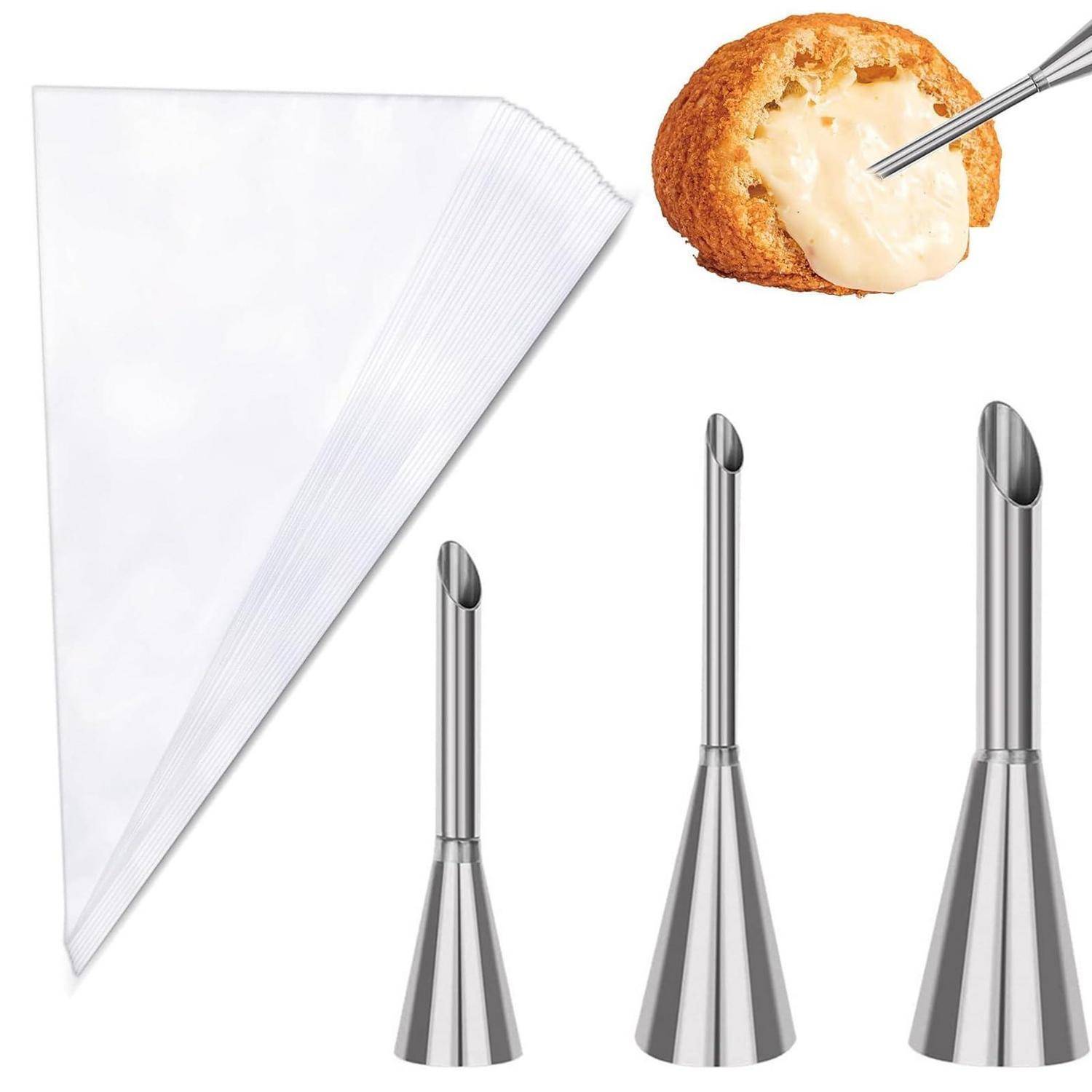 3 Stück Fülltüllen Edelstahl & 50 Einweg-Spritzbeutel LDPE