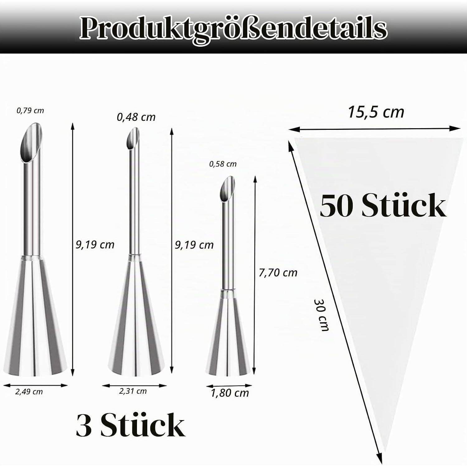3 Stück Fülltüllen Edelstahl & 50 Einweg-Spritzbeutel LDPE