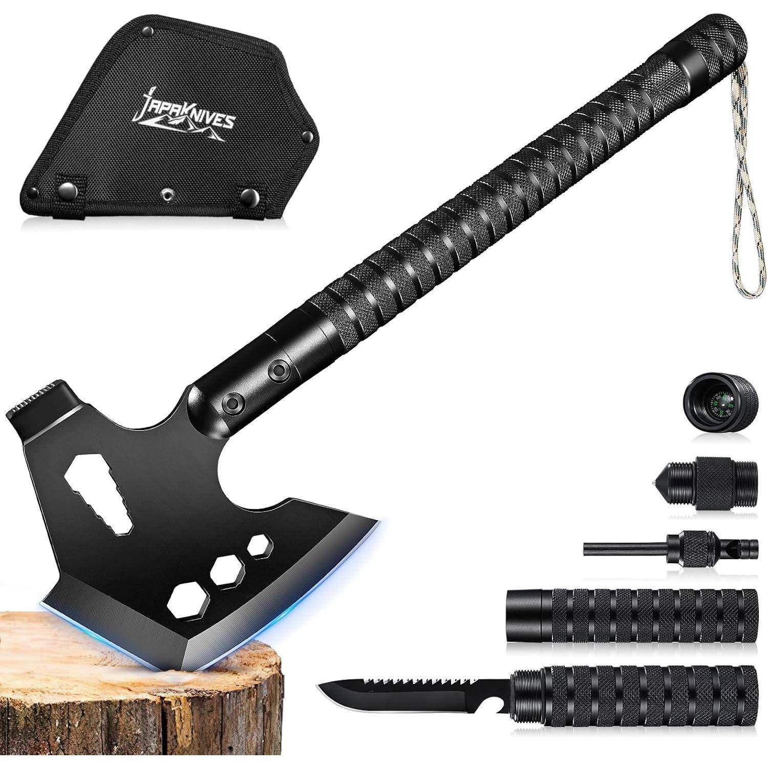 Axt Survival Multitool 8in1 Campingaxt Messer Kompass Griff Black