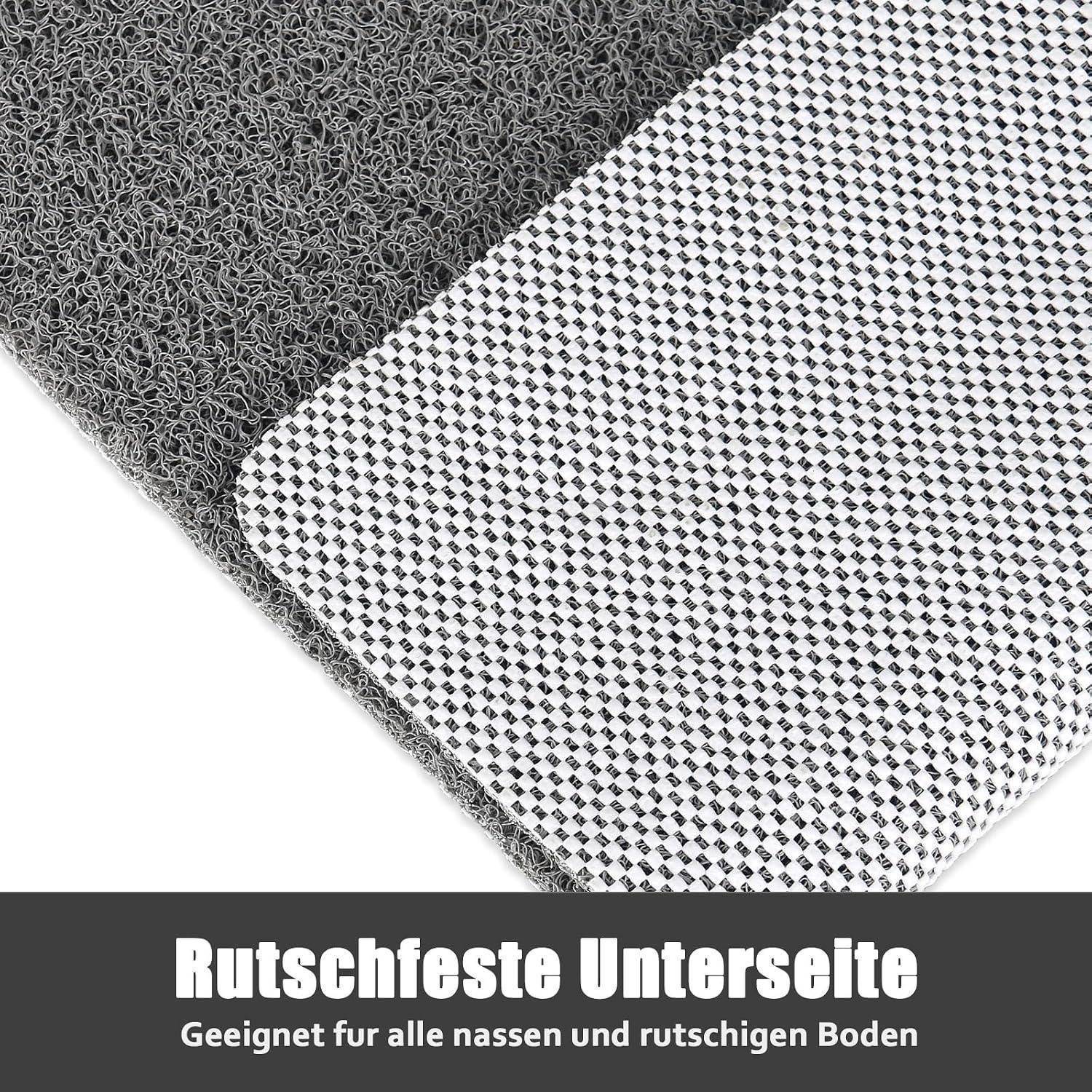 Nahaufnahme der rutschfesten Unterseite einer Matte mit deutschem Text: 'Rutschfeste Unterseite' und 'Geeignet für alle nassen und rutschigen Böden'.