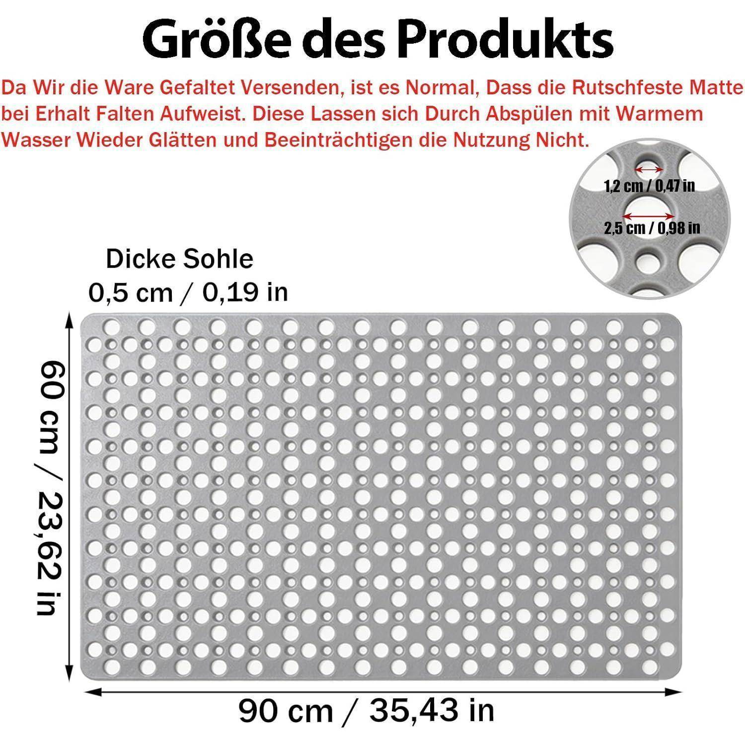 Größentabelle für eine durchlöcherte Matte: 90 cm mal 60 cm, 0,5 cm dick, mit Lochdetails von 1,2 cm und 2,5 cm.