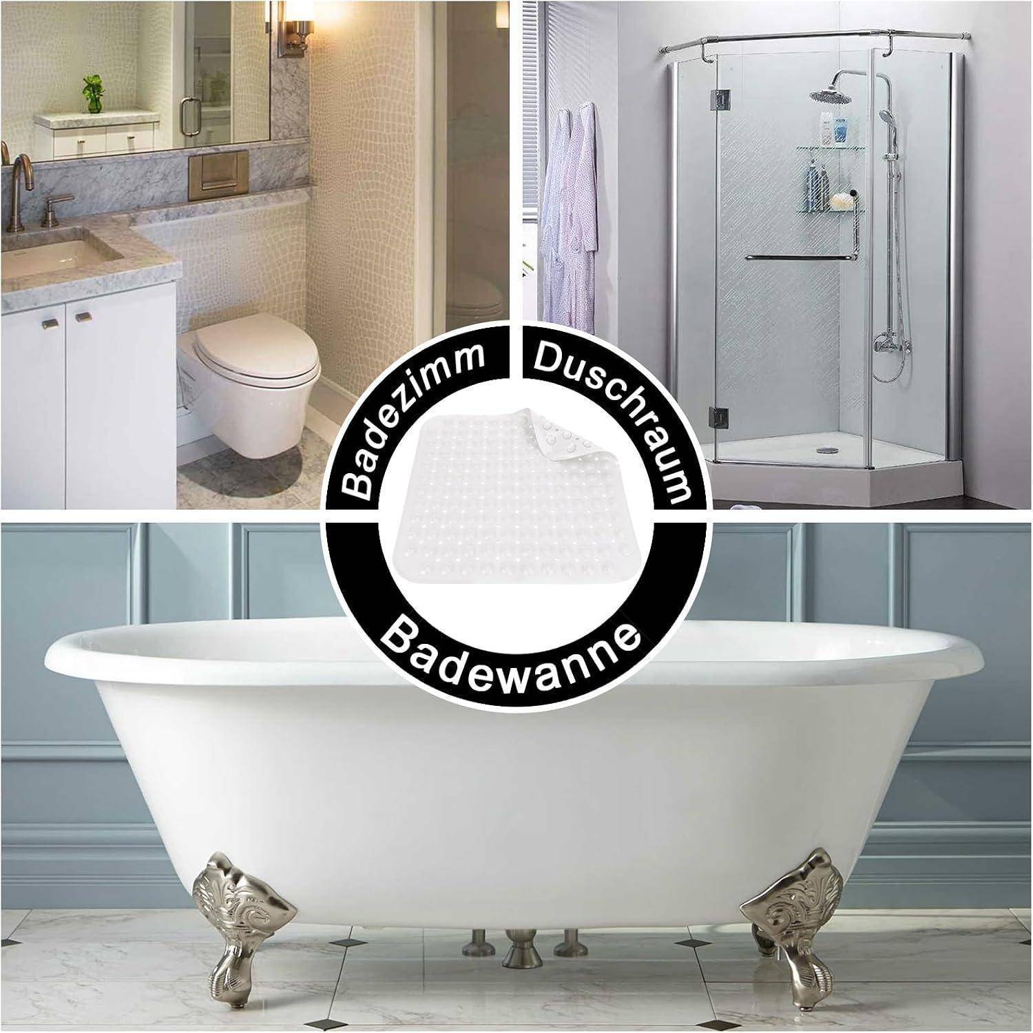 Collage eines Badezimmers mit Toilette, einer gläsernen Duschkabine und einer freistehenden Badewanne; zentrales Abzeichen trägt die Aufschriften „Badezimmer