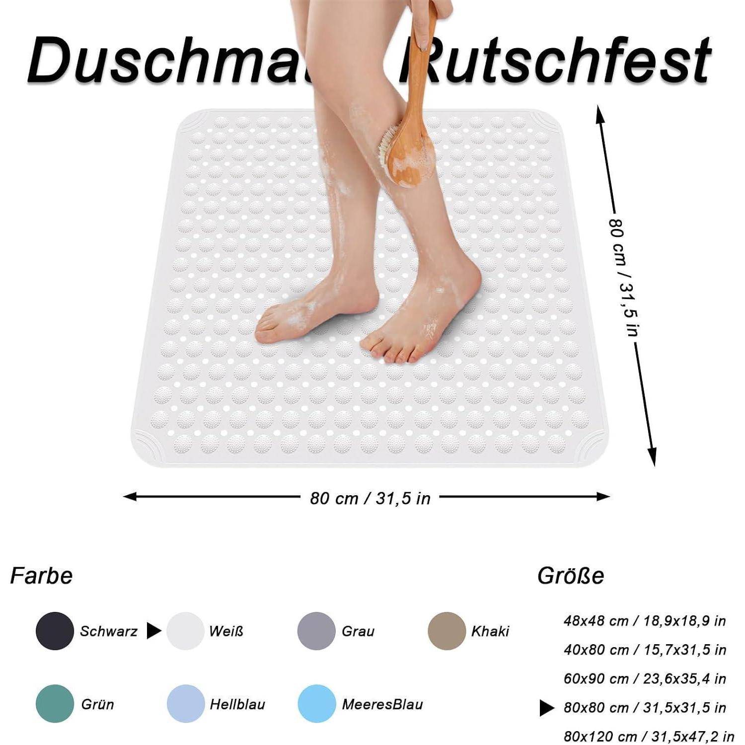 Produktbild einer rutschfesten Duschmatte mit Saugnapfnoppen; gezeigt mit waschenden Füßen, beschriftet mit 80 cm x 80 cm und erhältlich in Schwarz, Weiß, Grau, Khaki, Grün, Hellblau und Meeresblau.