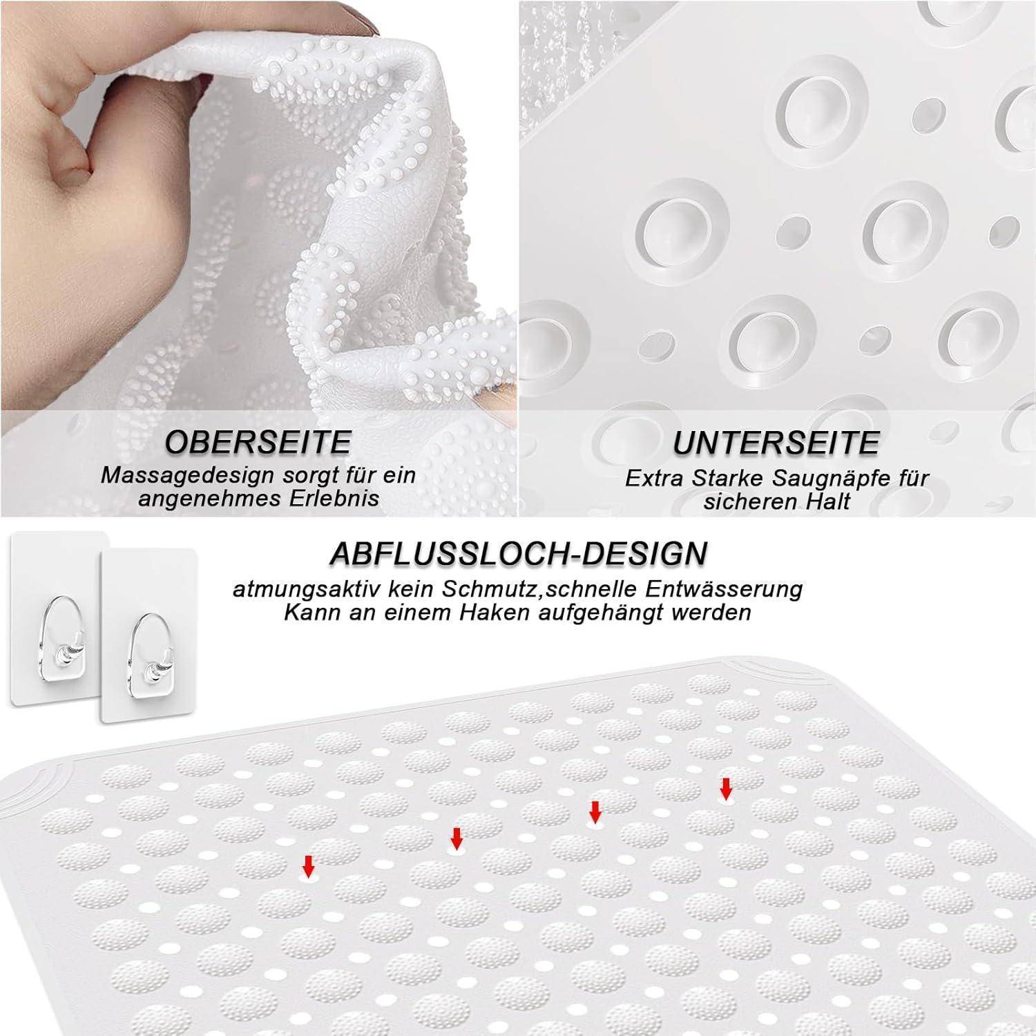 Produktbild einer weißen Badewannenmatte mit strukturierter Massageoberseite, starker Saugnapf-Unterseite und Ablassoch-Design für sichere, schnelle Trocknung.