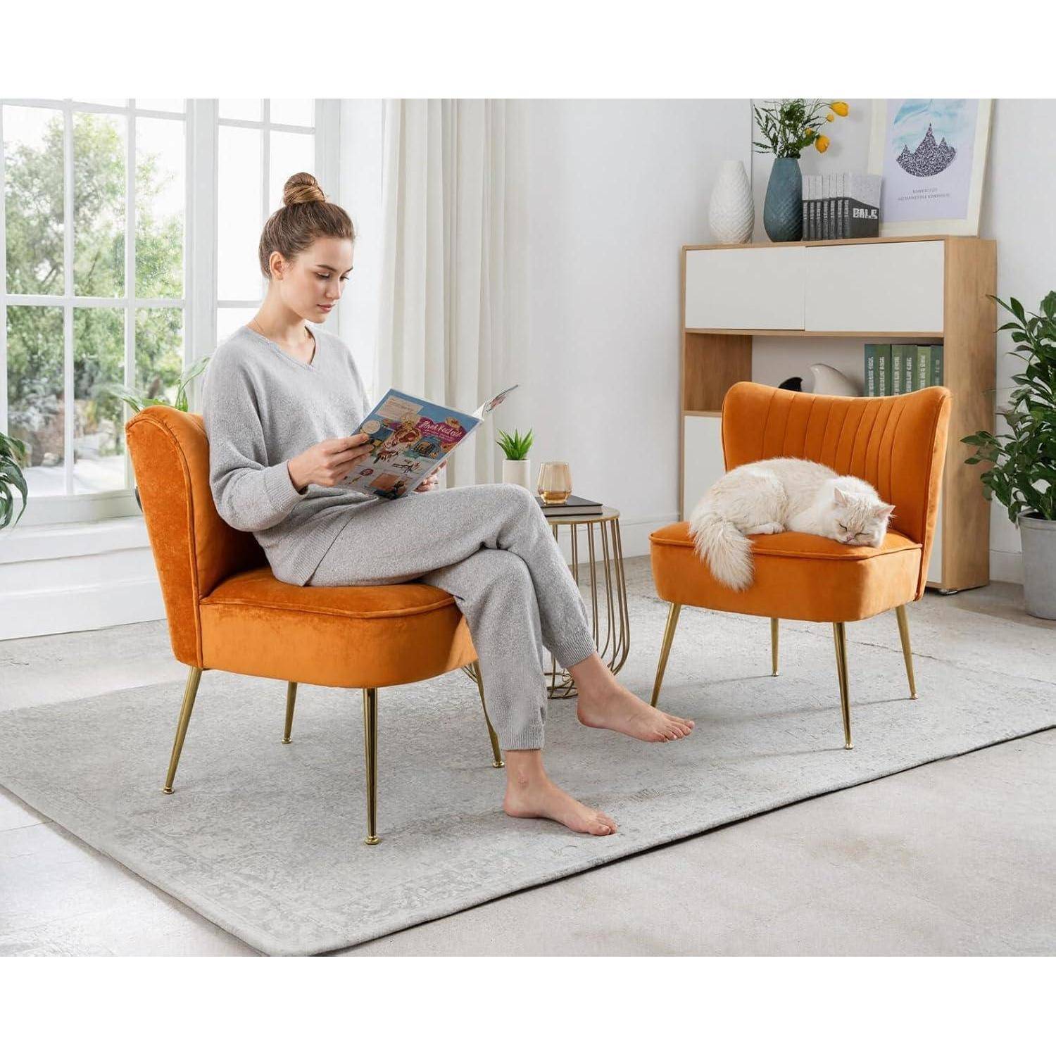 Ya-Home Loungesessel Samt Orange Metallbeine gepolstert modern