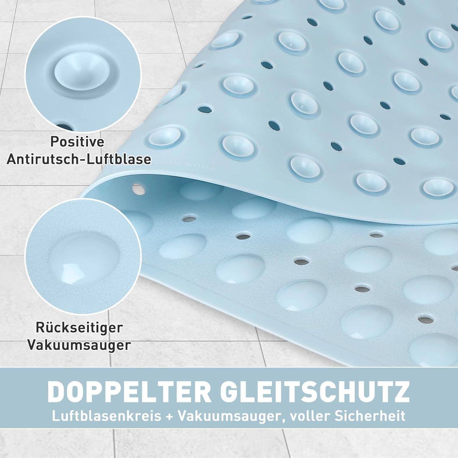 Blaue Rutschsicherungsmatte mit erhobener Luftblasenmuster-Oberfläche und Vakuum-Saugnapfern, beschriftet mit „DOPPELTER GLEITSCHUTZ