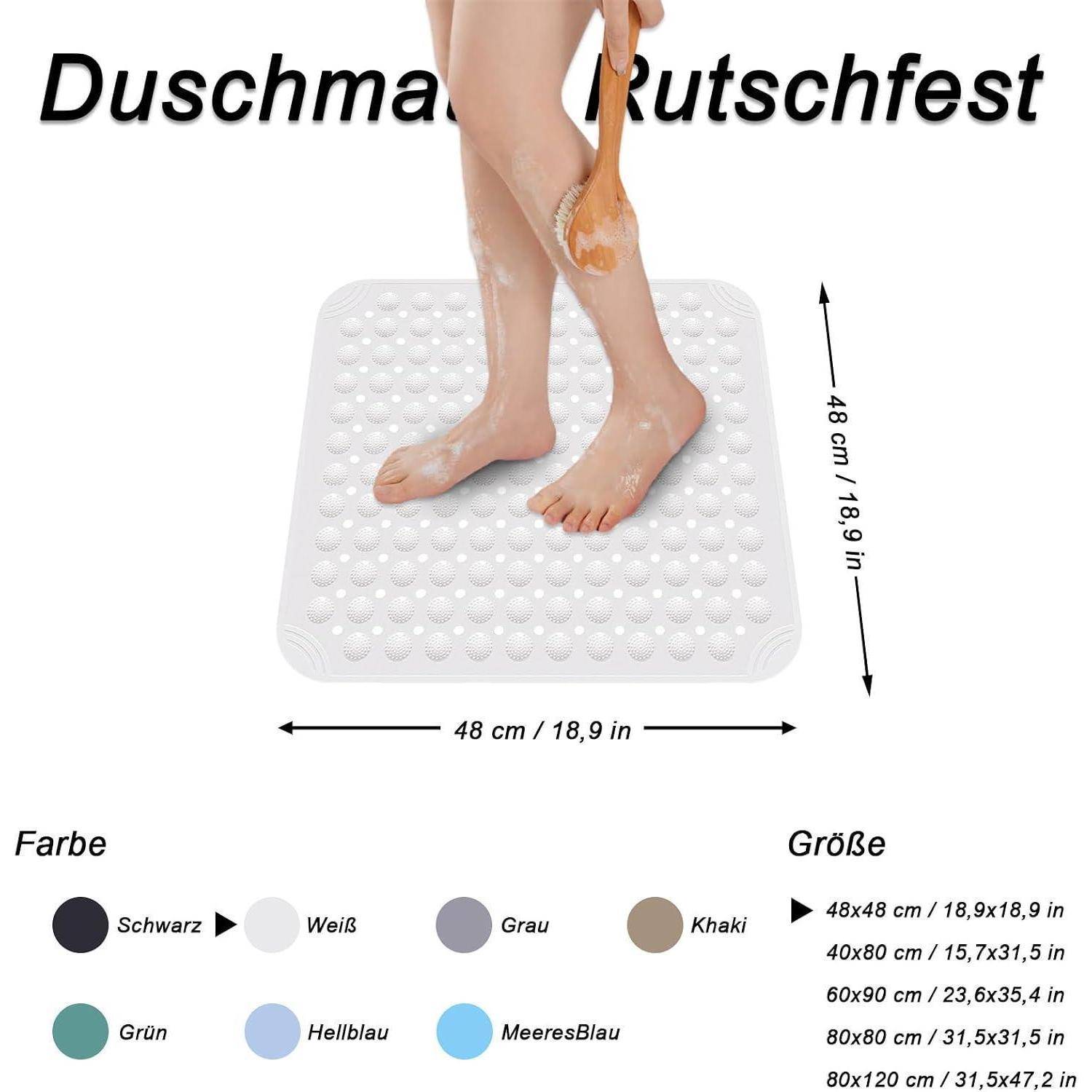 Duschmatte rutschfest PVC 48x48cm maschinenwaschbar mit Saugnäpfen Weiß