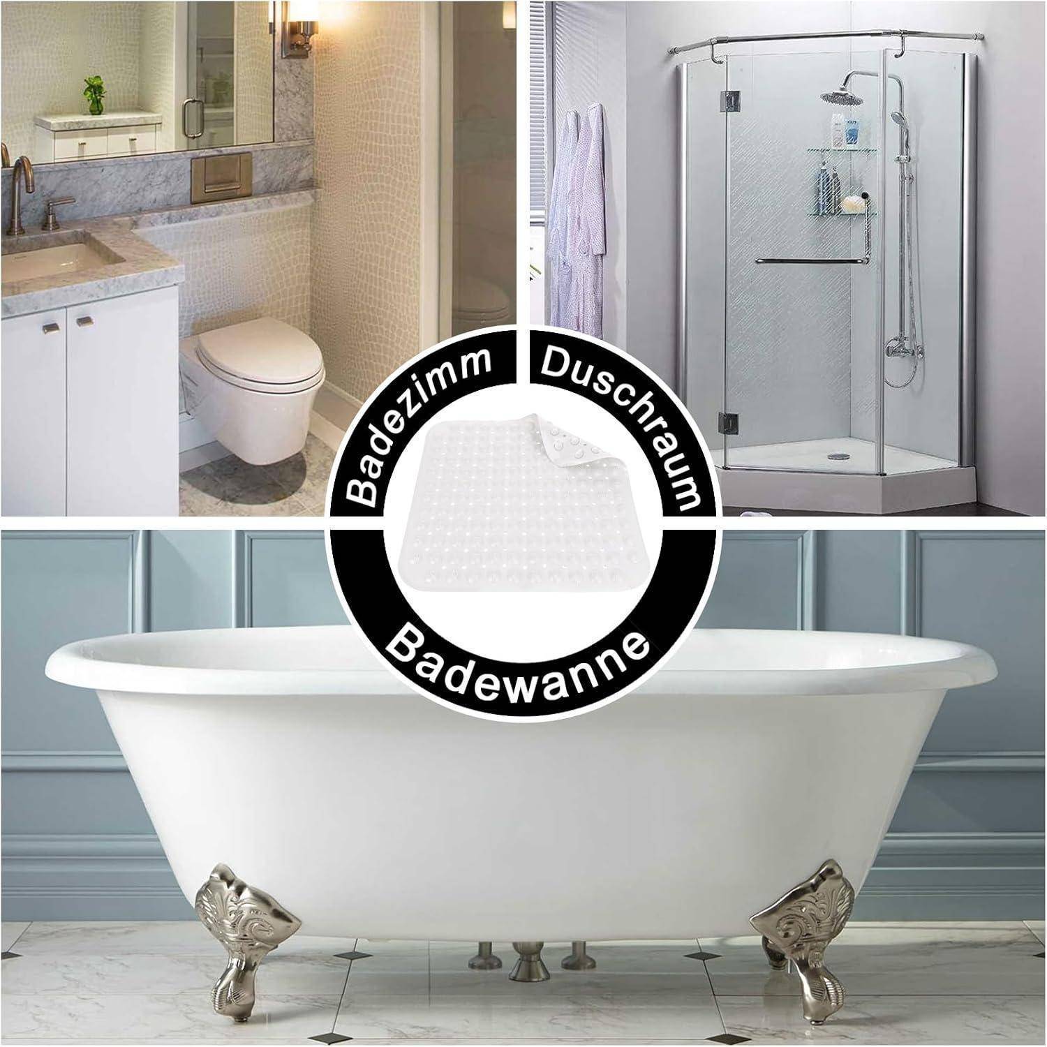 Collage eines Badezimmers mit einer Toilette, einer Duschkabine und einer freistehenden Badewanne, gekennzeichnet mit den deutschen Bezeichnungen „Badezimmer