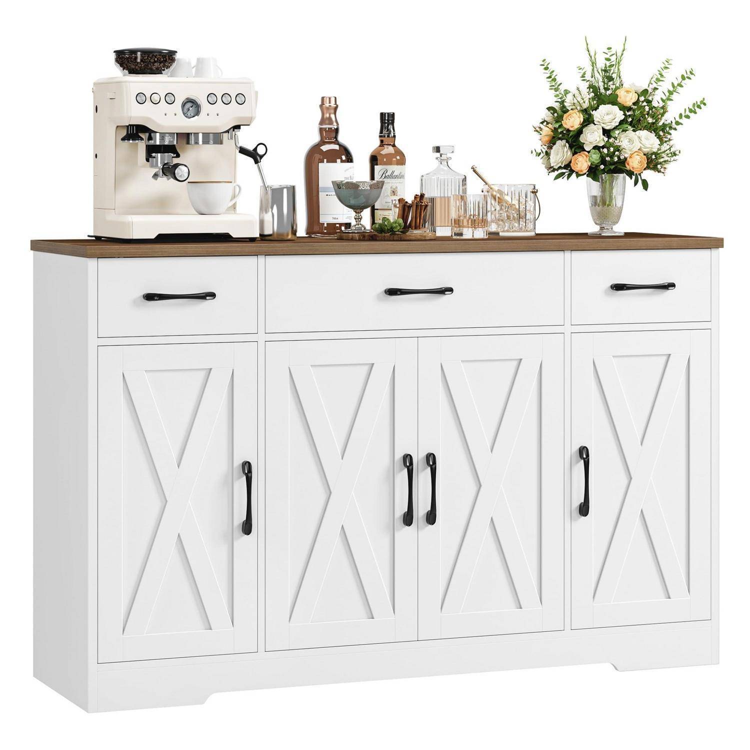 HOCSOK Sideboard 140cm Weiß/Braun mit 3 Schubladen und 4 Türen