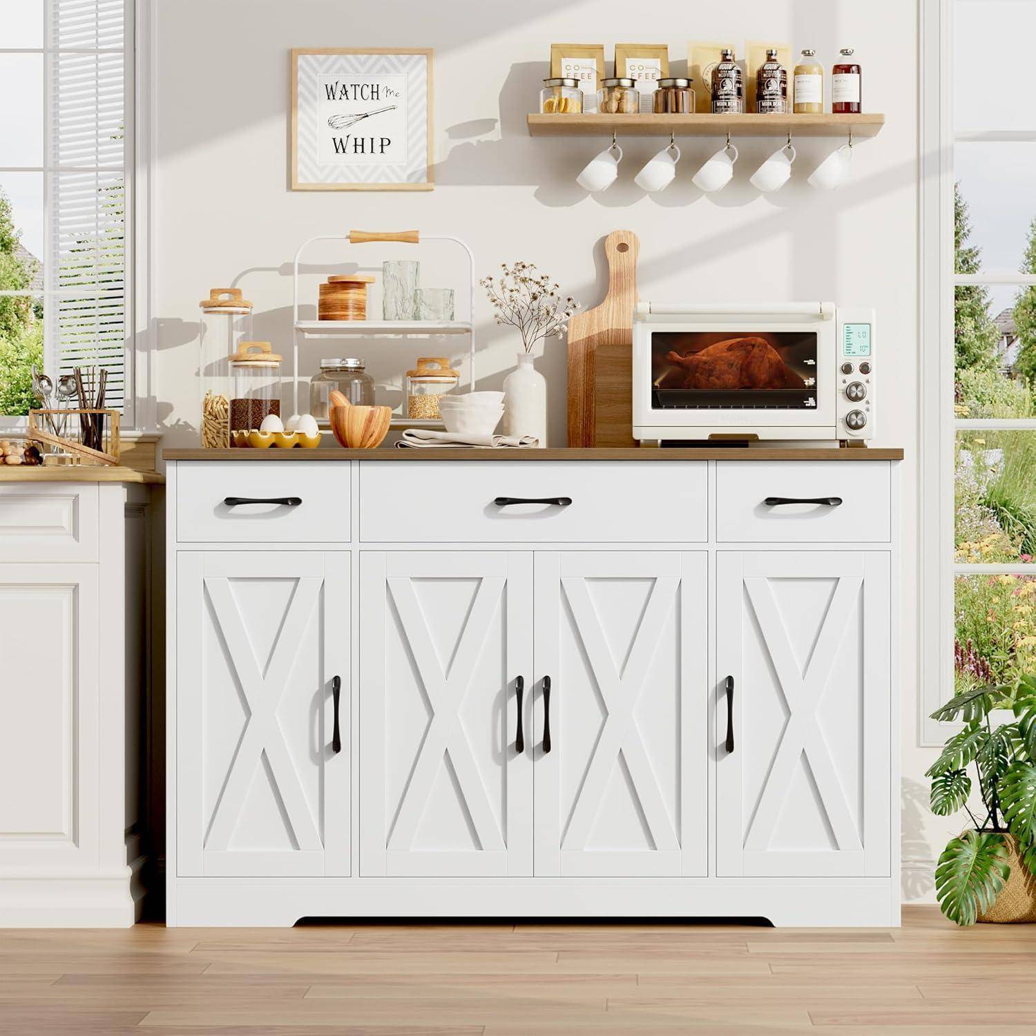 HOCSOK Sideboard 140cm Weiß/Braun mit 3 Schubladen und 4 Türen